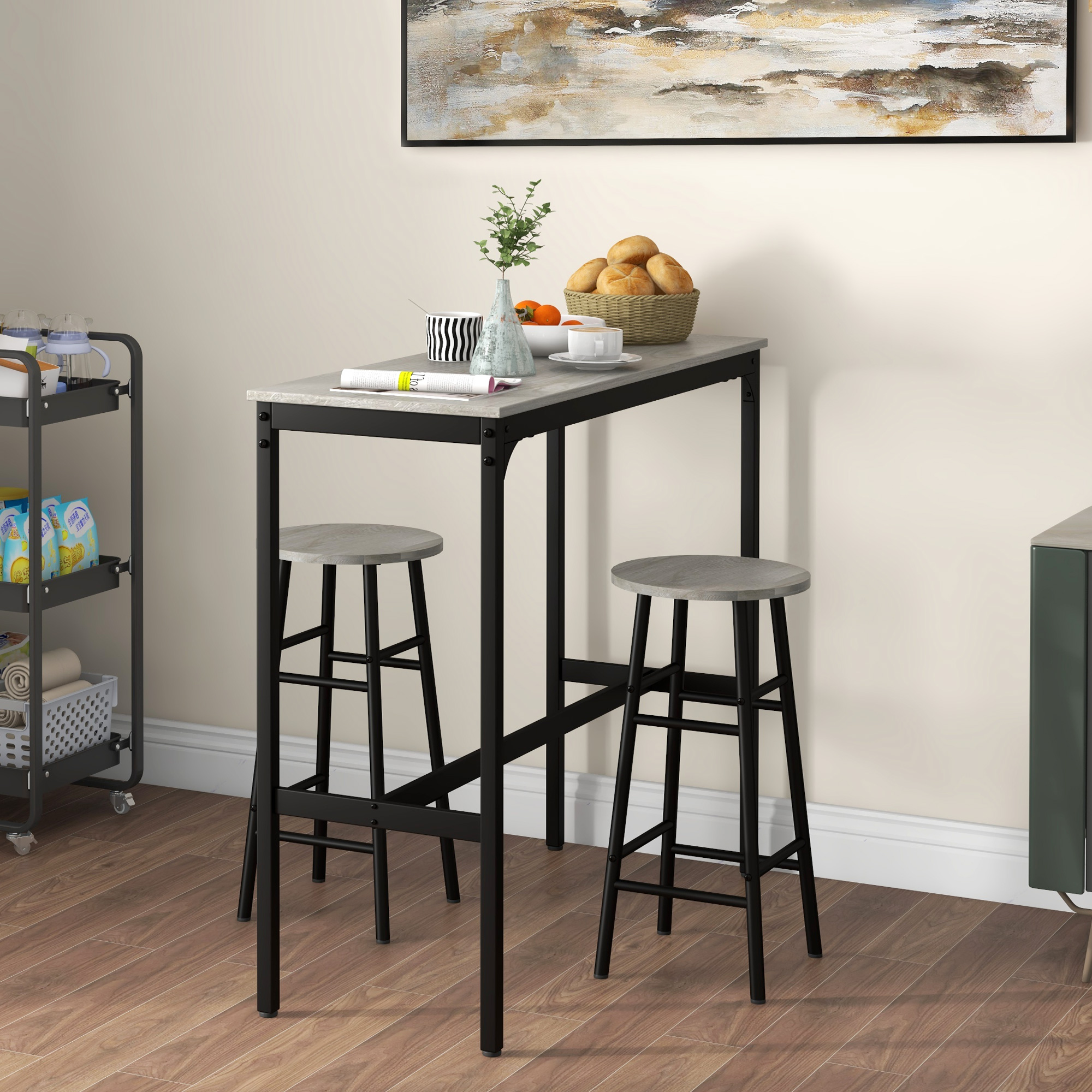 3 Piece Bar Table Set With 2 Stools, Industrial And Stool Dining Chair Grey