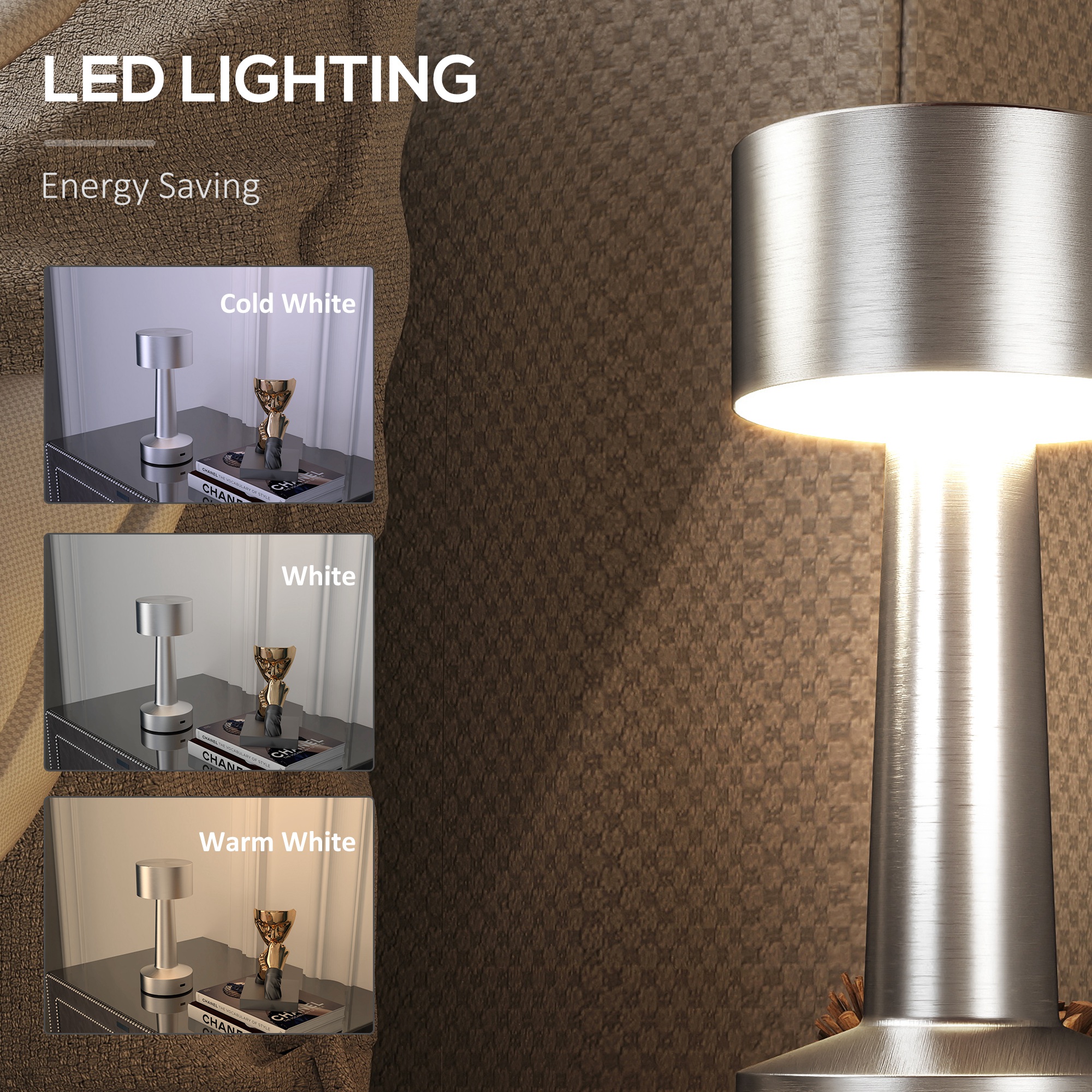 Cordless Table Lamp, Touch LED Desk Lamp With Rechargeable Battery, 3 Colour, For Bedroom Living Room, Silver — foto 4