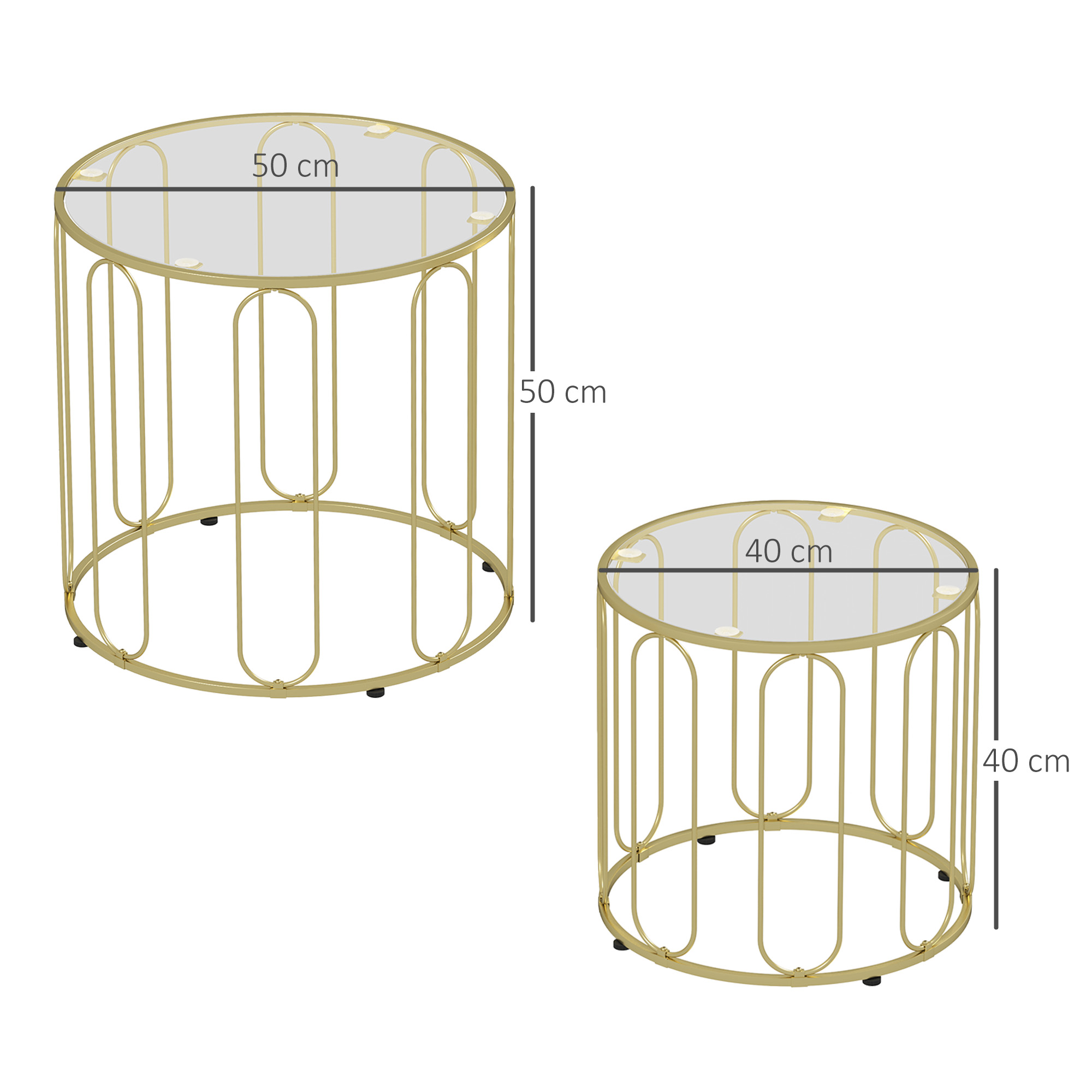 Two-piece nesting tables with clear tempered glass tops and a gold-tone elliptical metal frame.