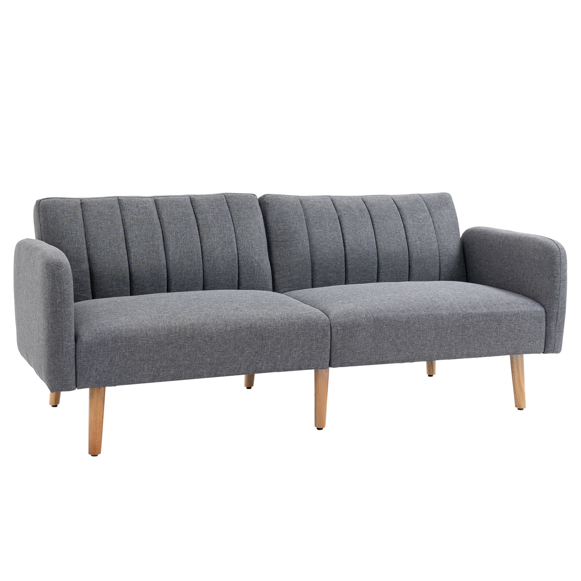 Grey linen three-seater click-clack sofa bed with split backrest