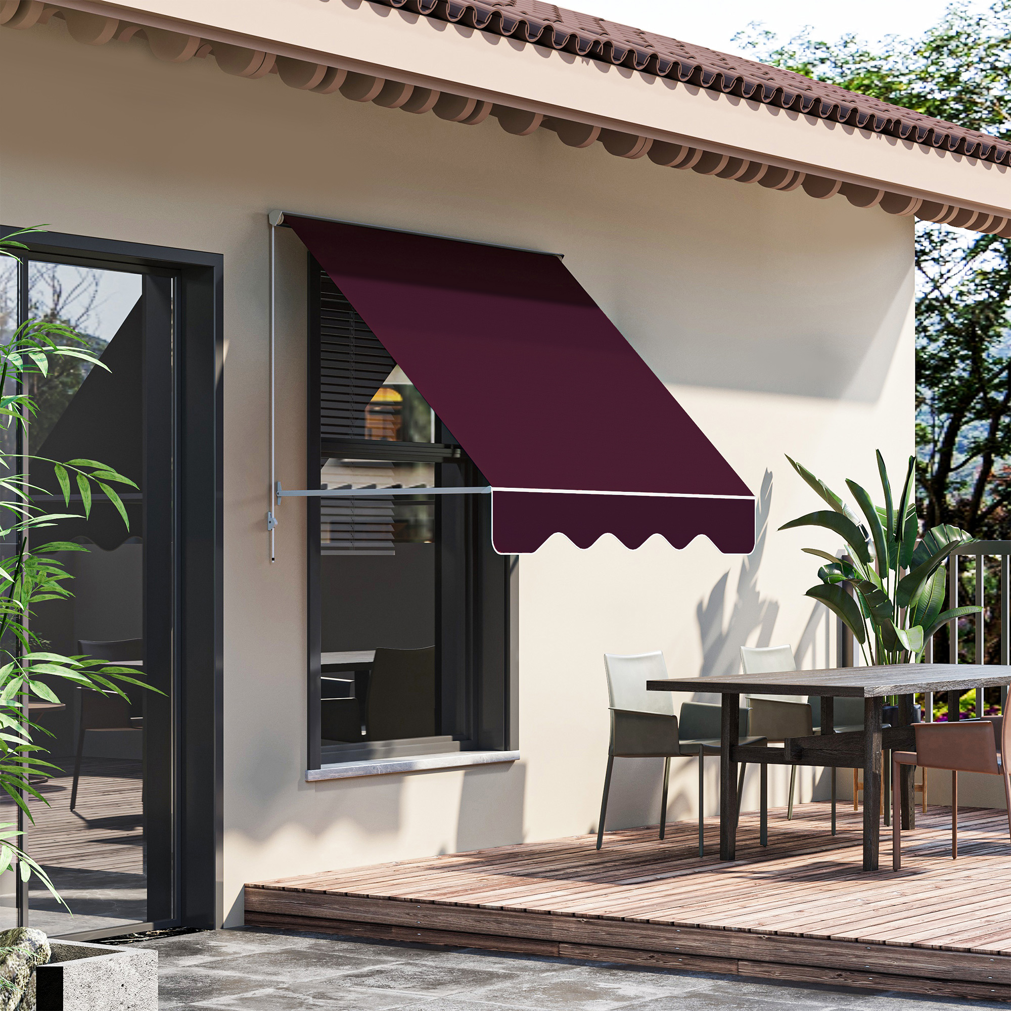 6 Drop Arm Manual Retractable Window Awning Sun Shade Shelter for Patio Balcony Outdoor, Aluminum, Wine Red