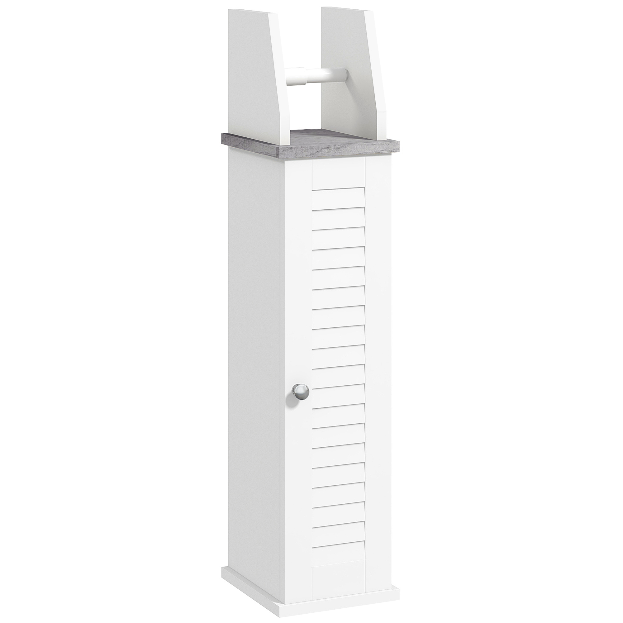 White slim bathroom cabinet with louvered door and toilet roll holder, 18 cm wide