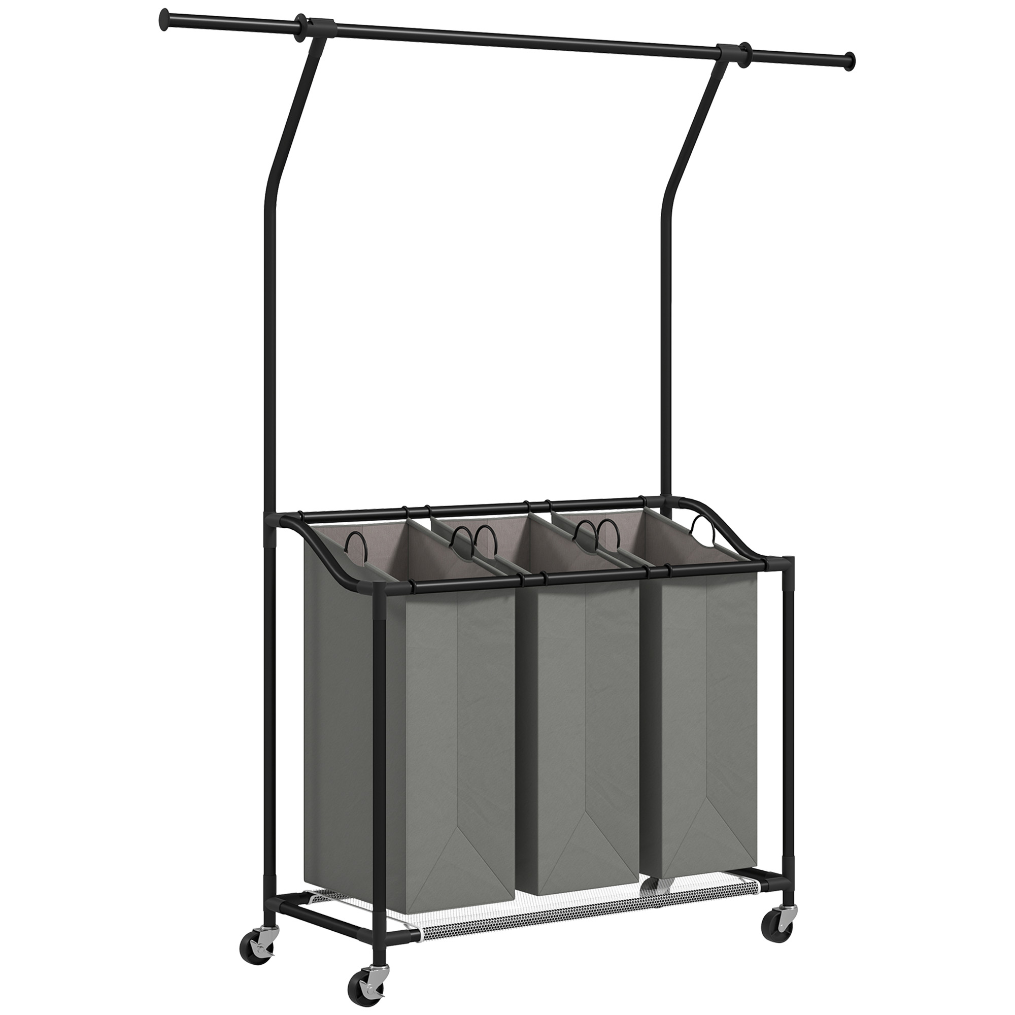 Black and grey 3-bag laundry sorter on wheels with a single aluminium hanging rail above three 42-litre canvas bags