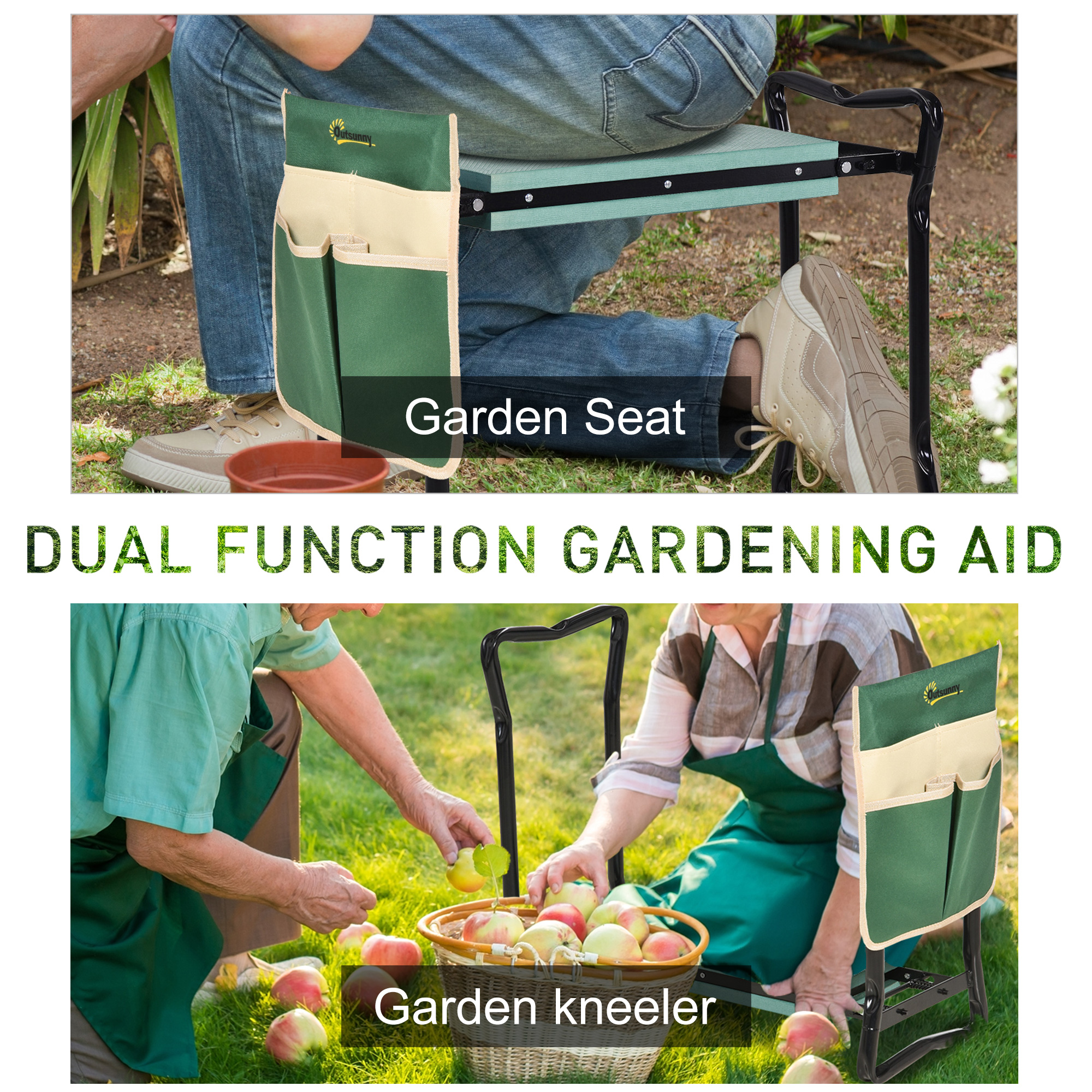 Steel frame padded garden kneeler, with tool bag - green