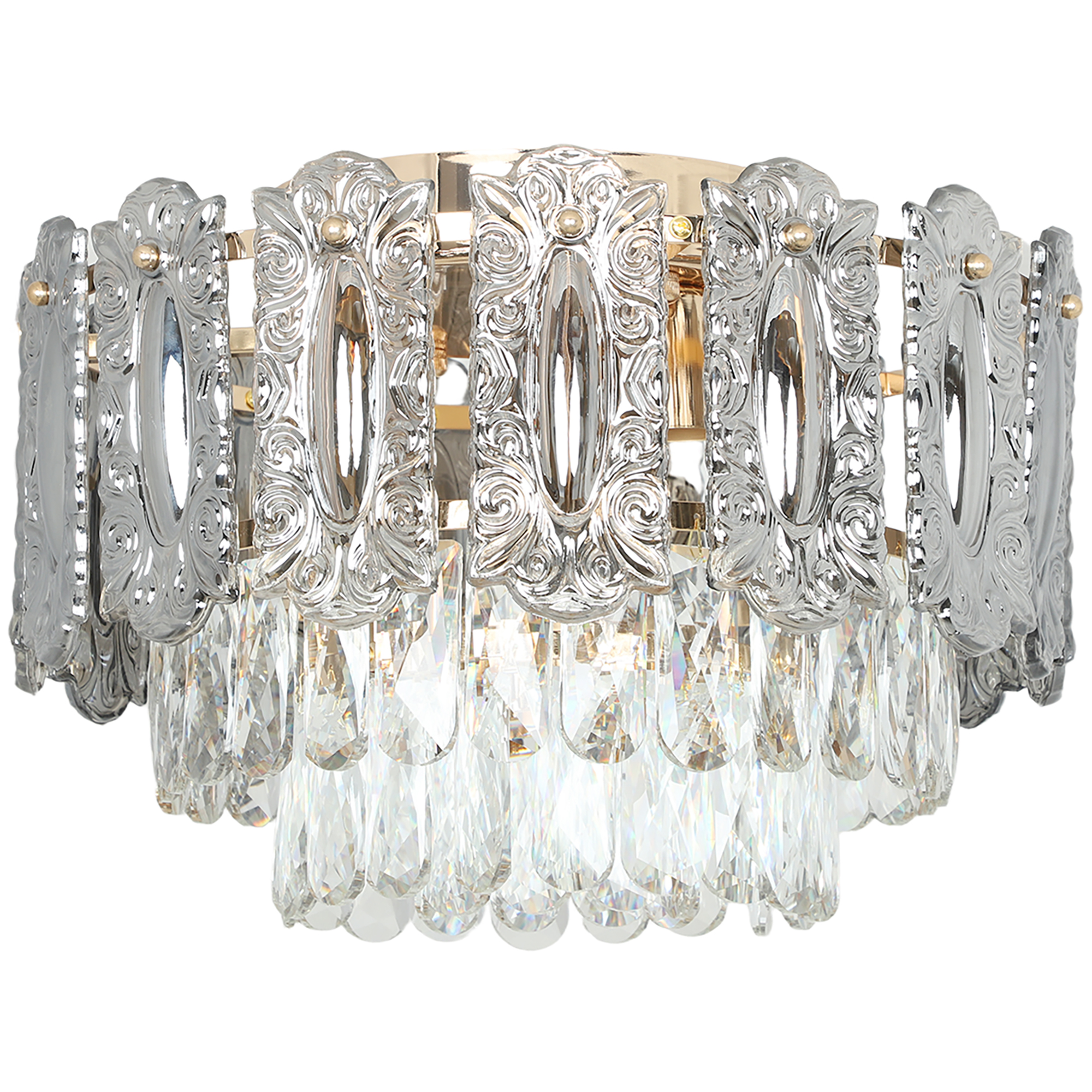 Gold tone flush mount crystal chandelier with smoke grey glass outer panels