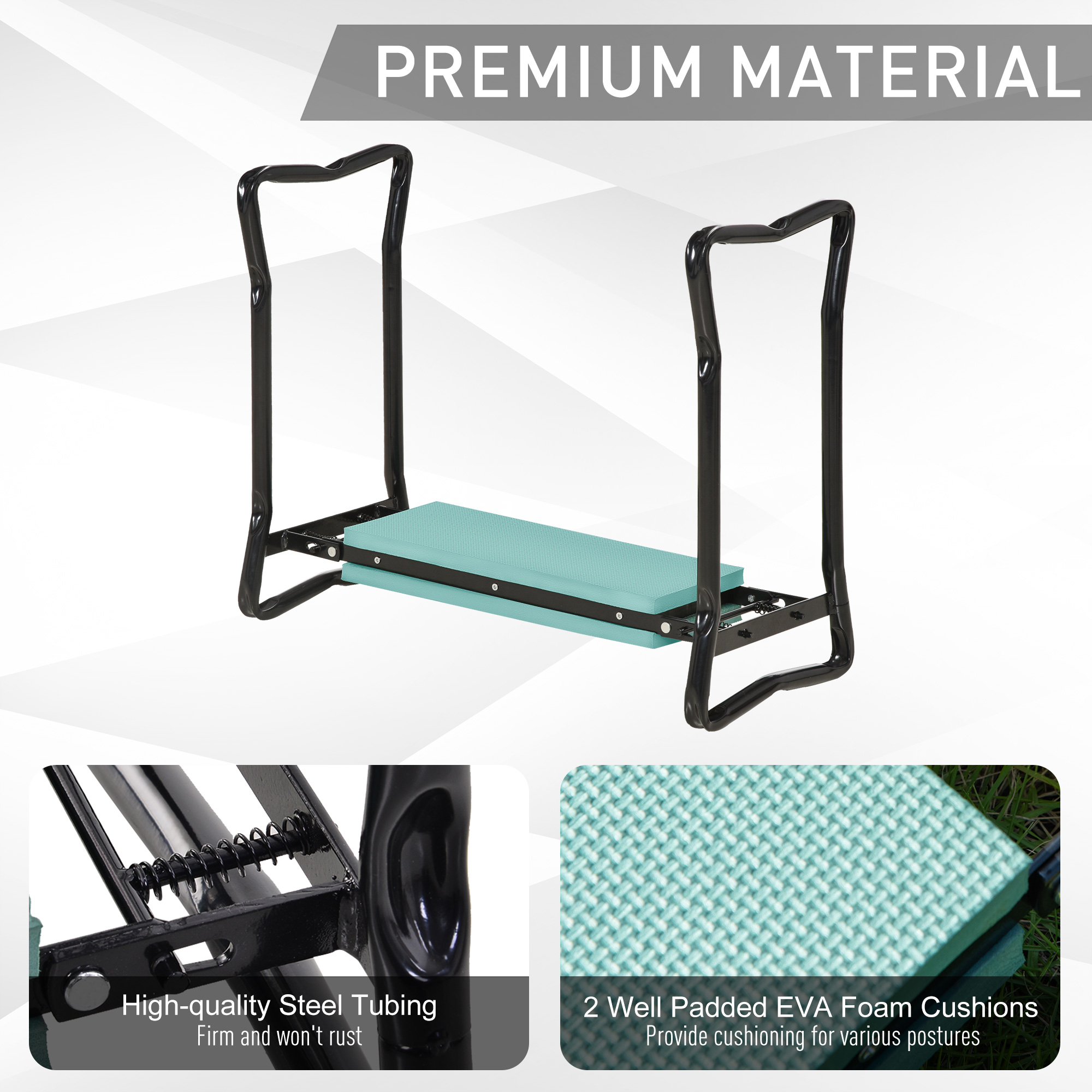 2-in-1 folding garden kneeler and seat in dark green with steel frame and foam pad