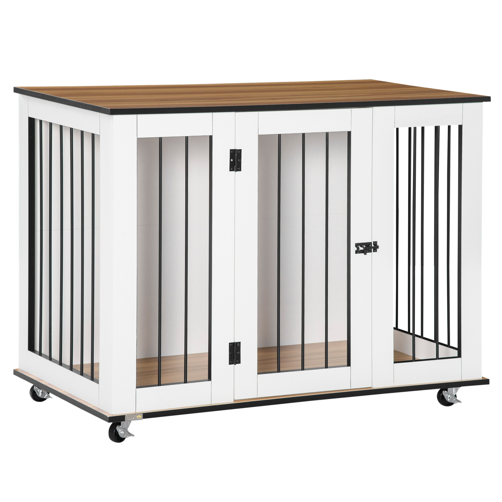 White furniture-style dog crate end table on castors with walnut-effect top