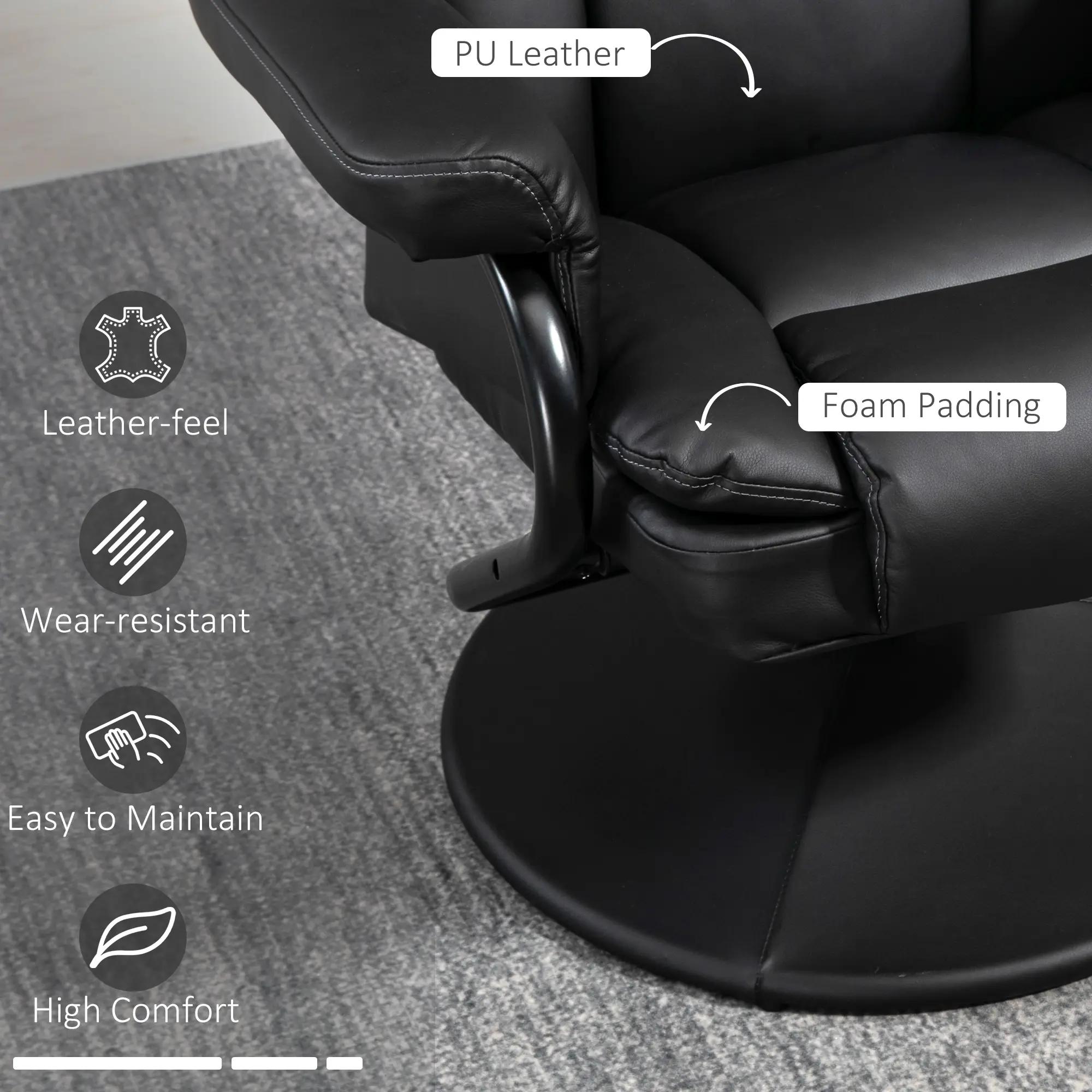 Swivel Recliner Chair With Footstool, PU Leather Recliner Armchair With Ottoman, Steel Base, Upholstered Reclining Chair For Living Room, Bedroom, Office, Black