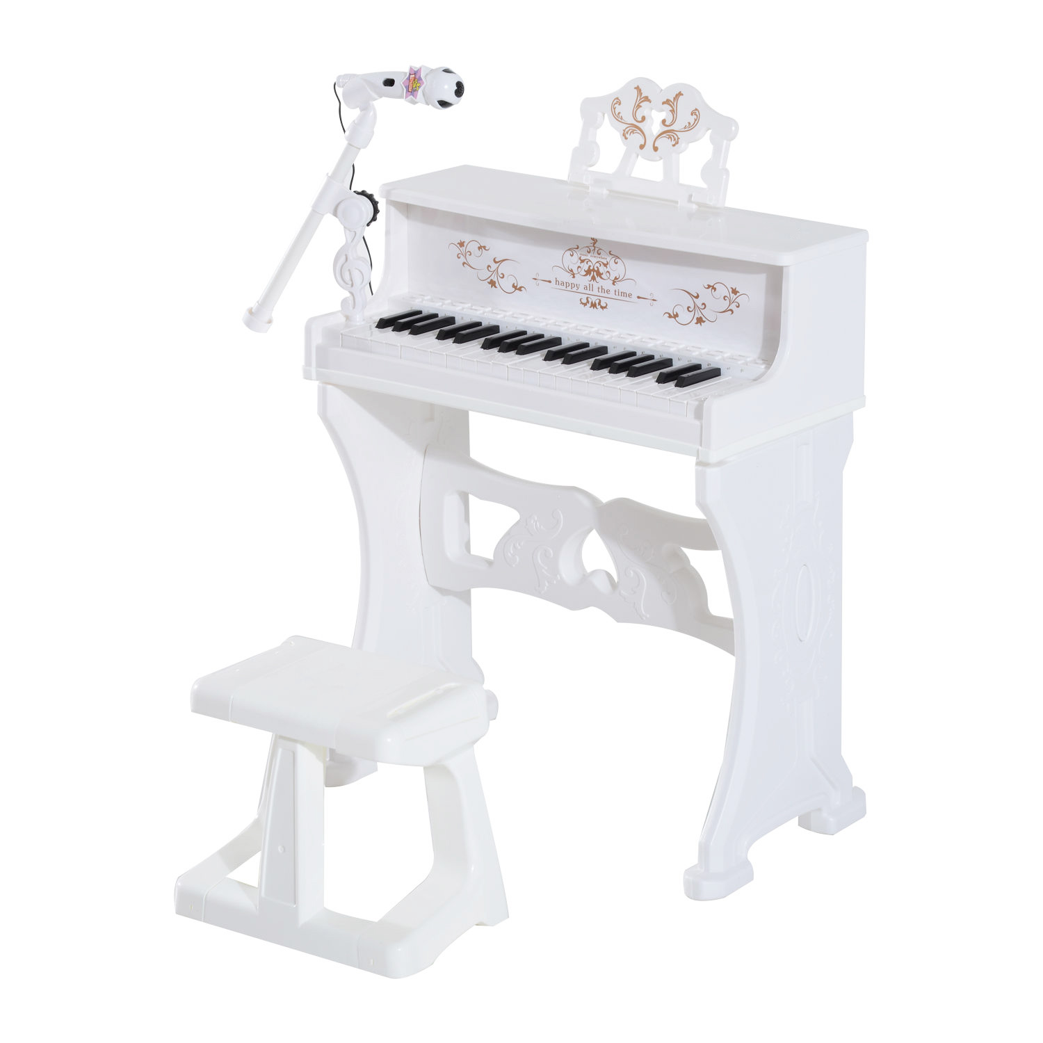 37 Keys Kids Piano Mini Electronic Keyboard Light Kids Musical Instrument Educational Game Children Grand Piano Toy Set W/Stool & Microphone & Music Stand (White) - Image 1