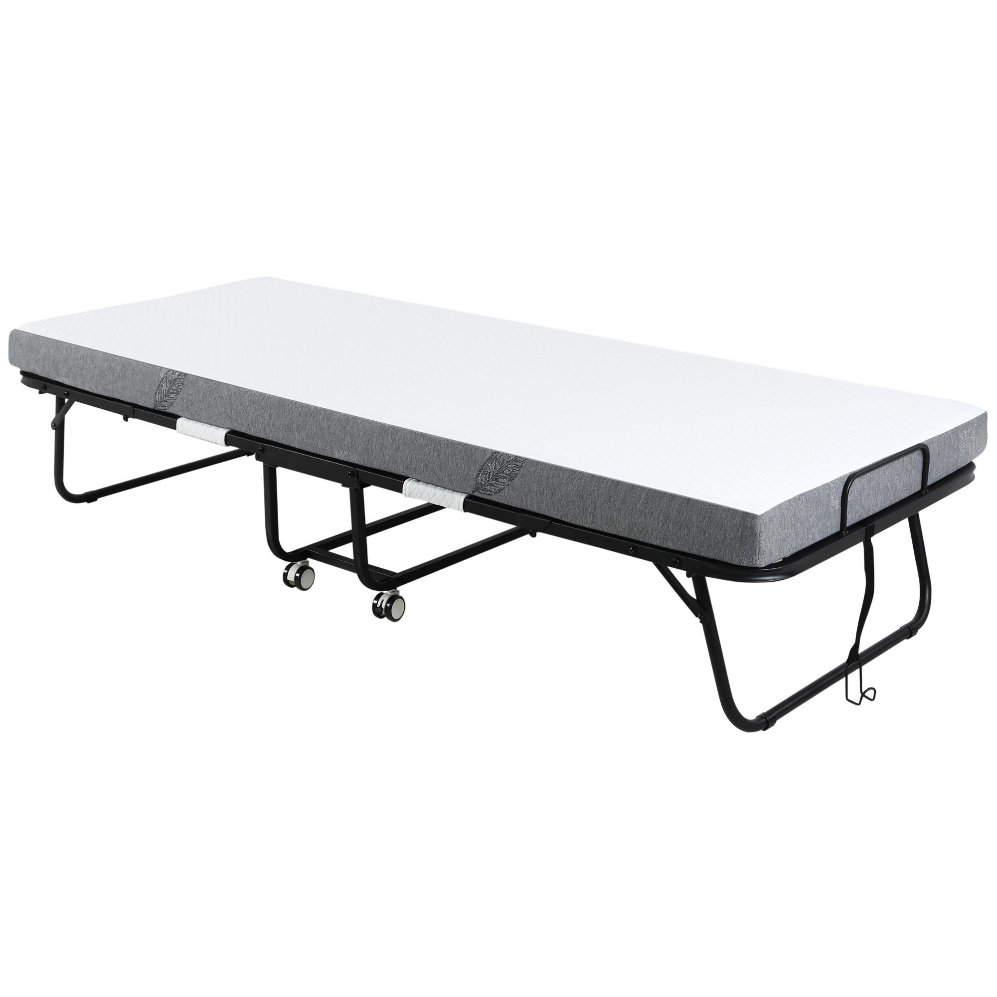 Foldable steel-frame guest bed with 10cm sponge mattress and lockable wheels