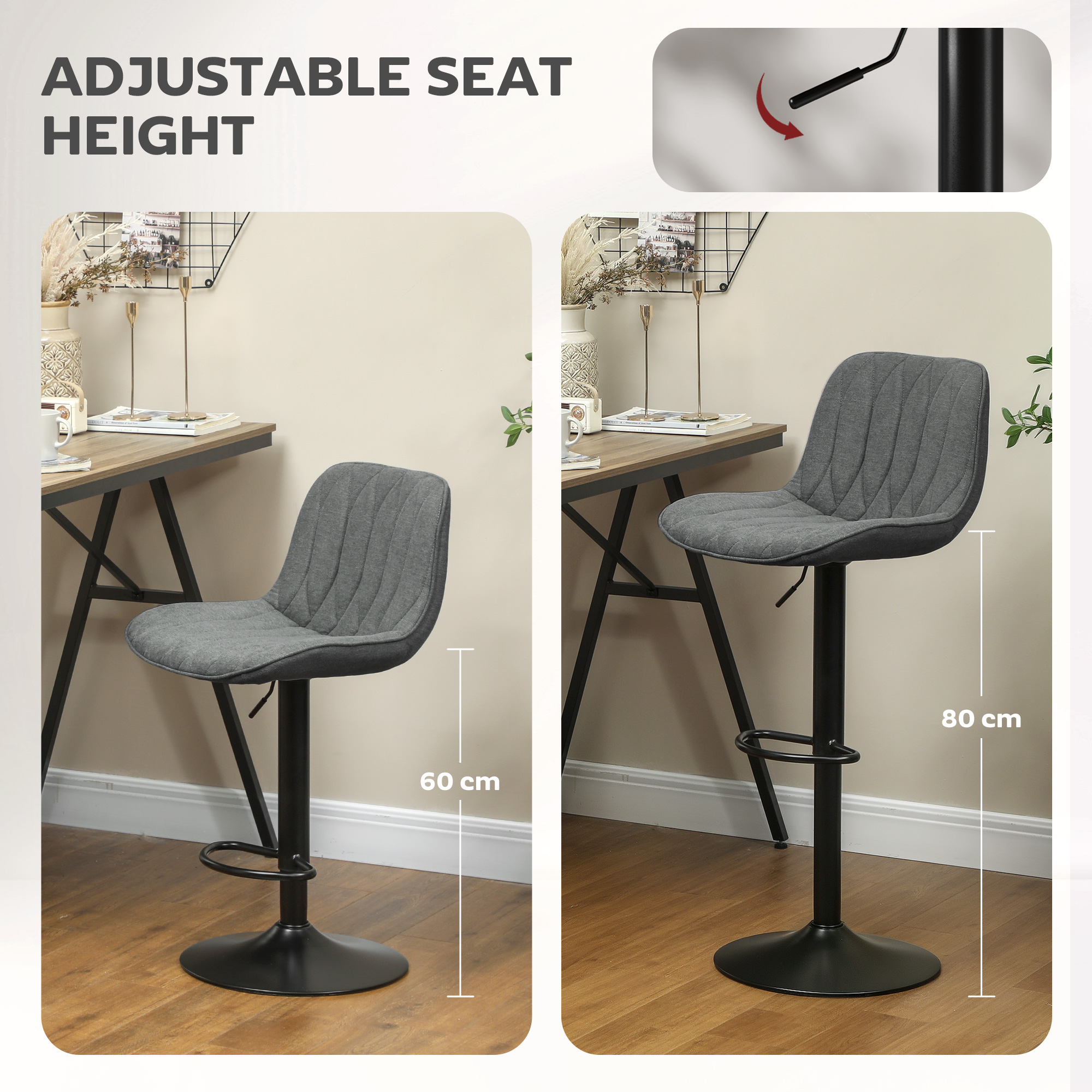 Set of two linen-look bar stools - charcoal grey
