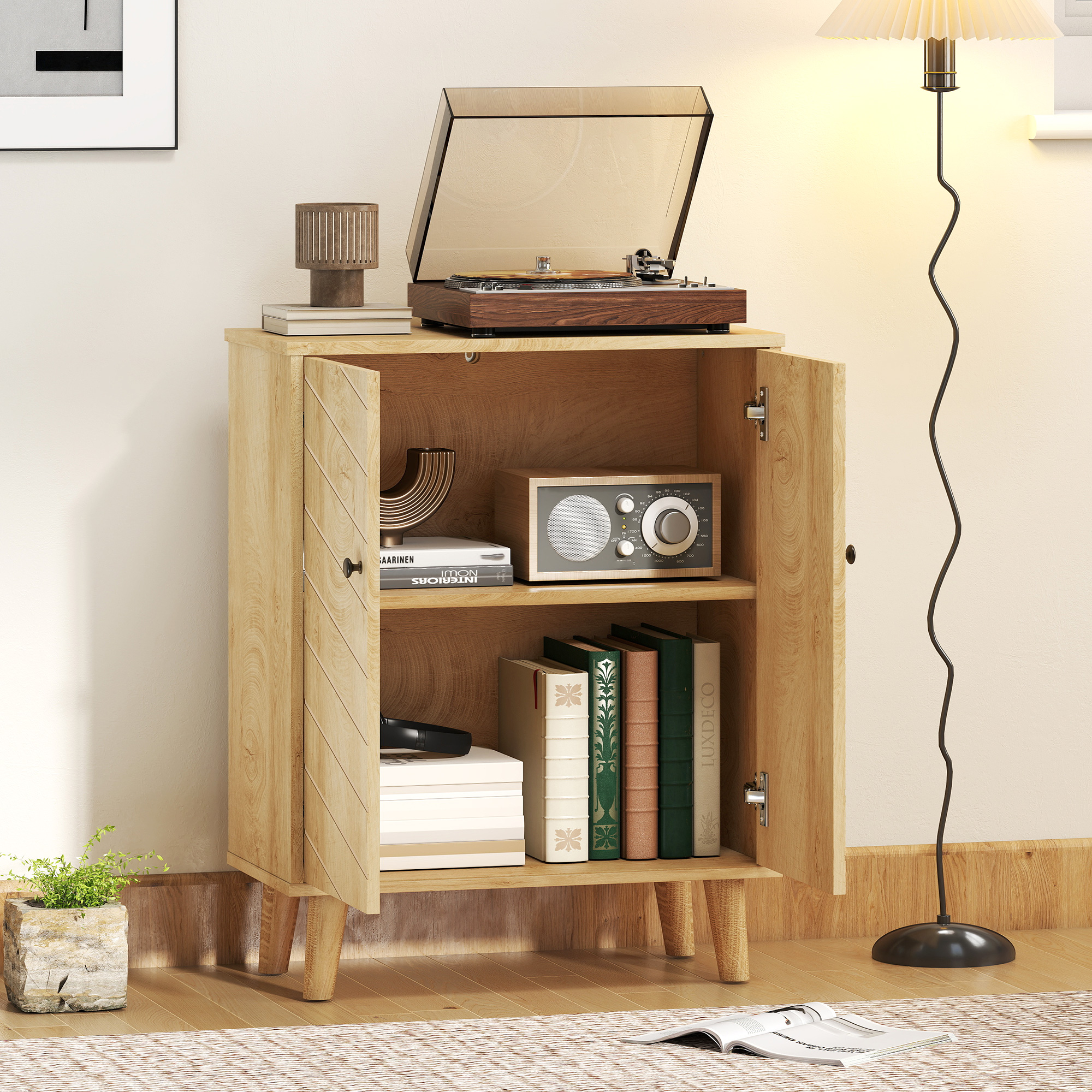 Vintage Storage Cabinet With Double Chevron Doors And Pine Wood Legs, Side Cabinet For Living Room, Kitchen, Bedroom