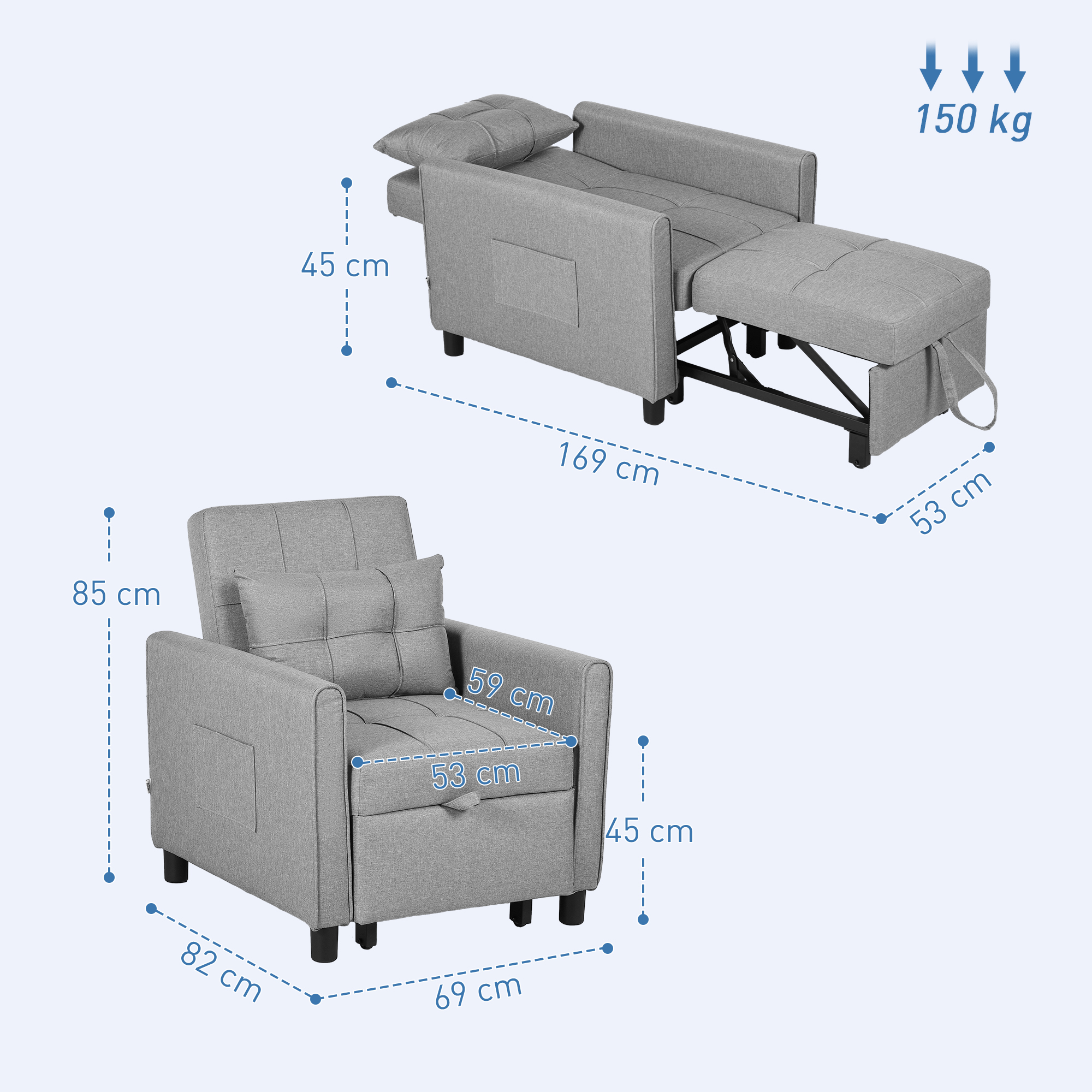 Linen-Look Single Chair Bed - Light Grey — image 3