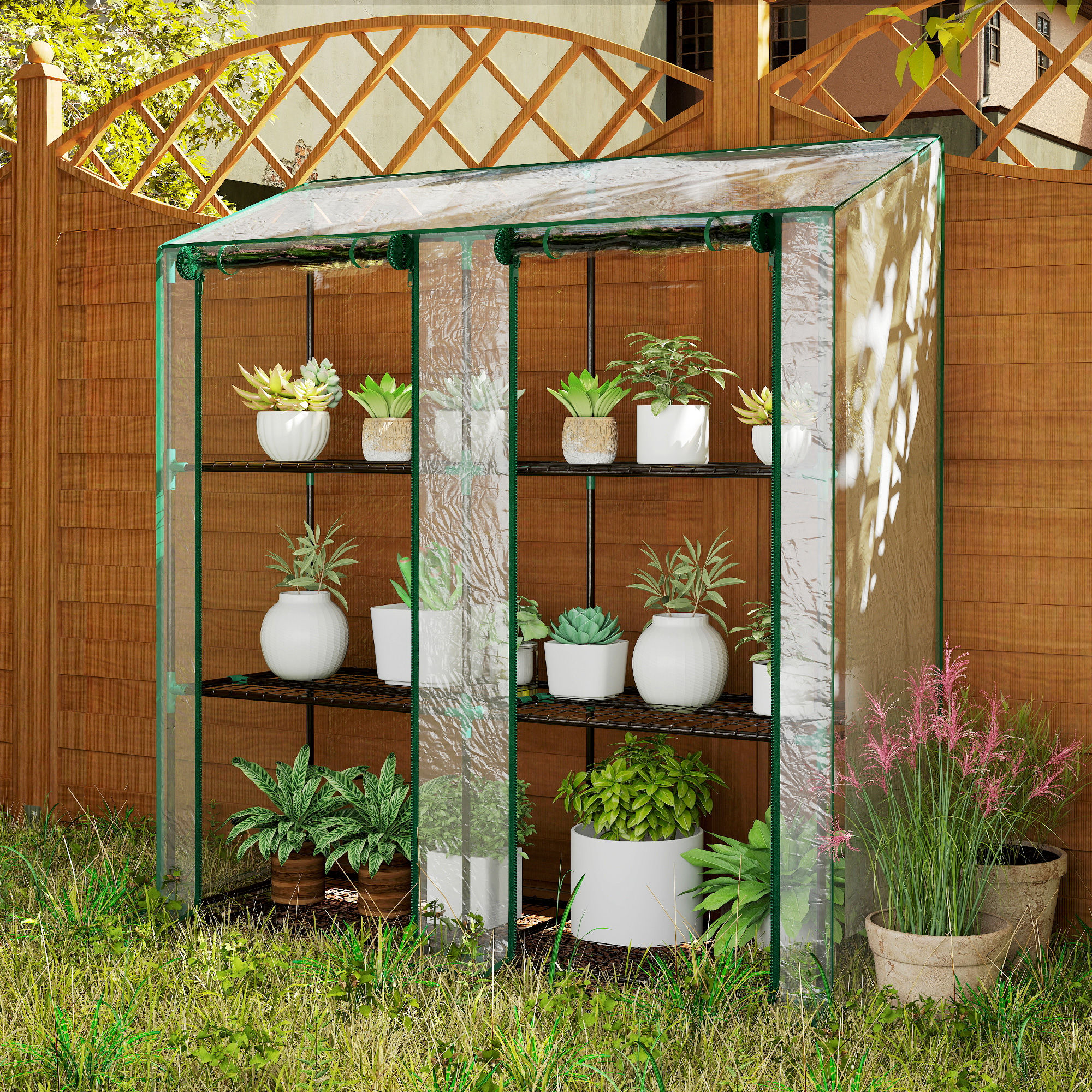 Lean-to Greenhouse, Portable Greenhouse with 3 Tier Shelves, 2 Roll-Up Zippered Doors, 56.3" x 18.1" x… image 7