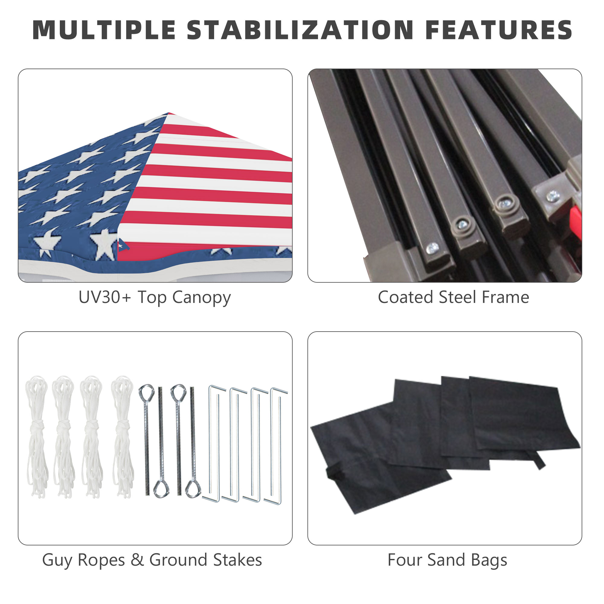 10′ x 10′ Pop Up Canopy Tent with Netting, Instant Tents for Parties, Height Adjustable, with Wheeled Carry Bag and 4 Sand Bags for Outdoor, Garden, Patio, American Flag