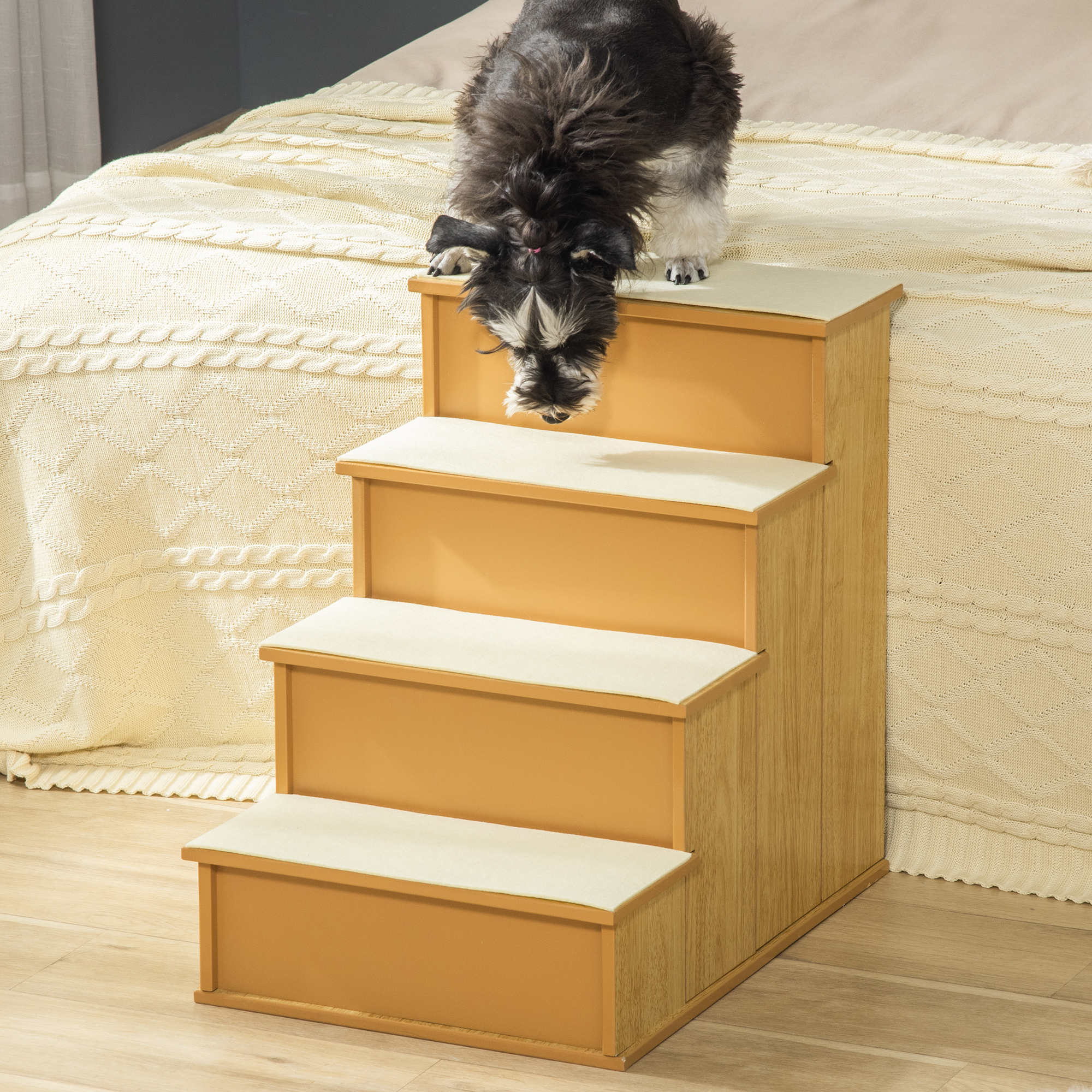  Pet Stairs, Small Pet Steps with Cushioned Removable Covering for Dogs and Cats Up To 22 lbs, Natural