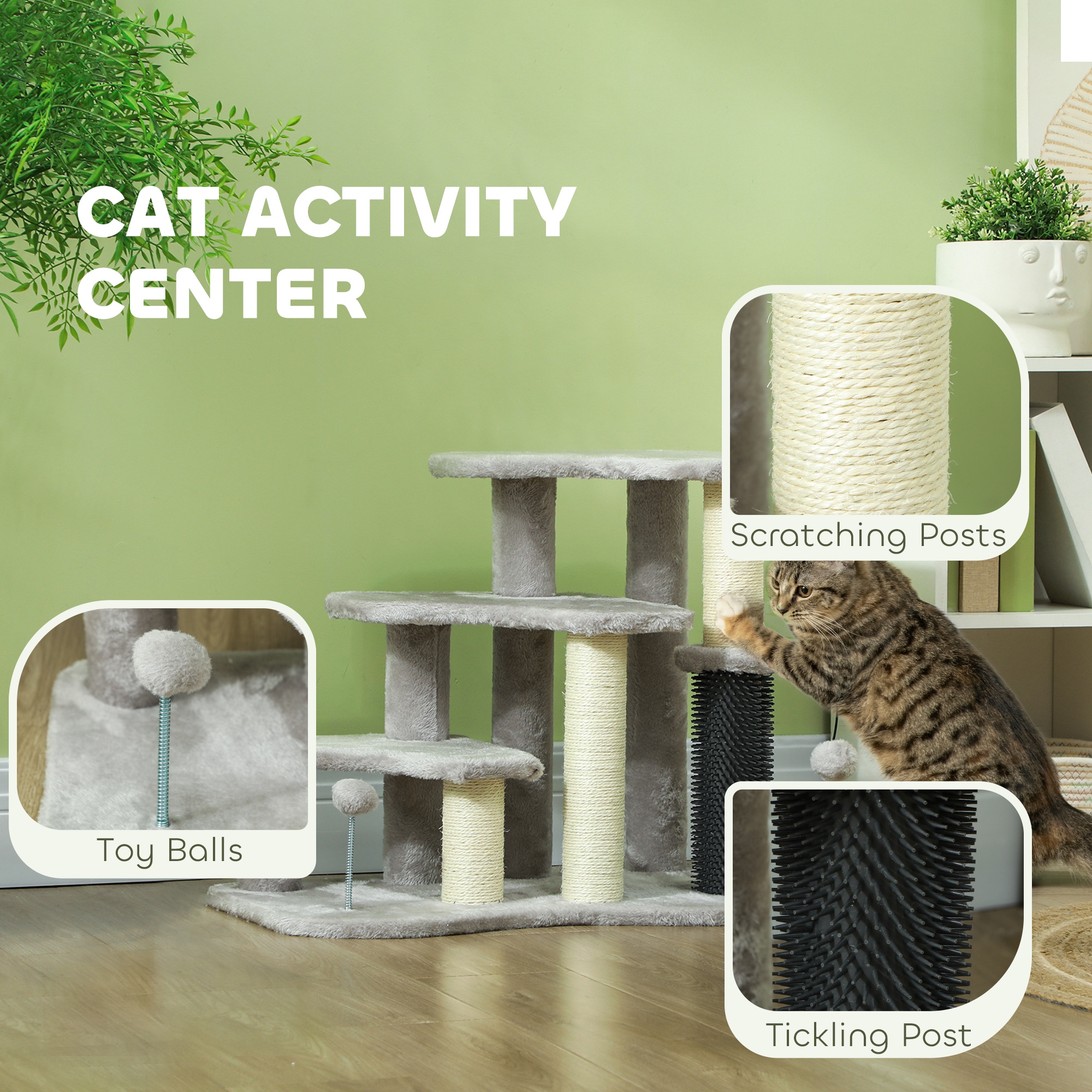  2 in 1 Cat Tree Tower 3-Step Pet Stairs with Scratching Posts, Tickling Post, Toy Balls, for High Beds, Couch