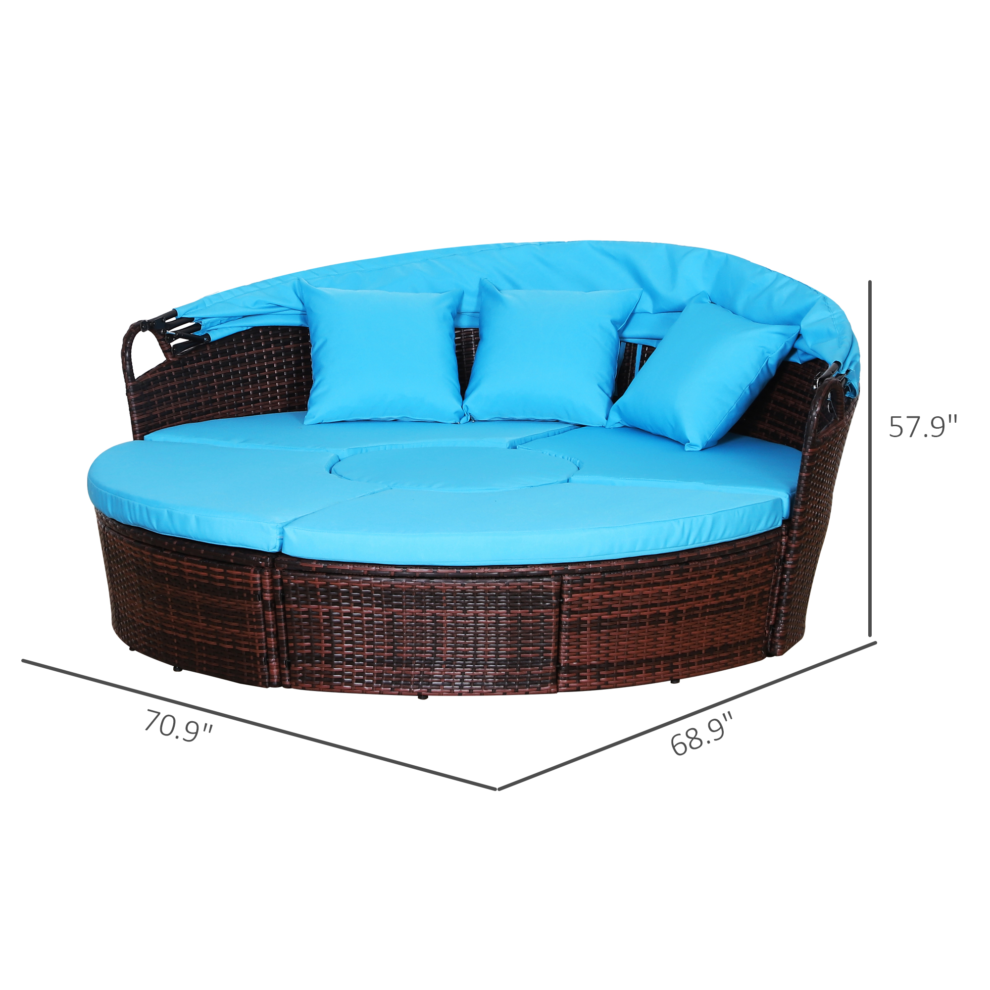  4-Piece Round Convertible Daybed with Cushions, Outdoor PE Rattan Patio Wicker Sofa Set, Sunbed with Adjustable Sun Canopy, Sectional Sofa, 2 Chairs, Table, 3 Pillows, Blue