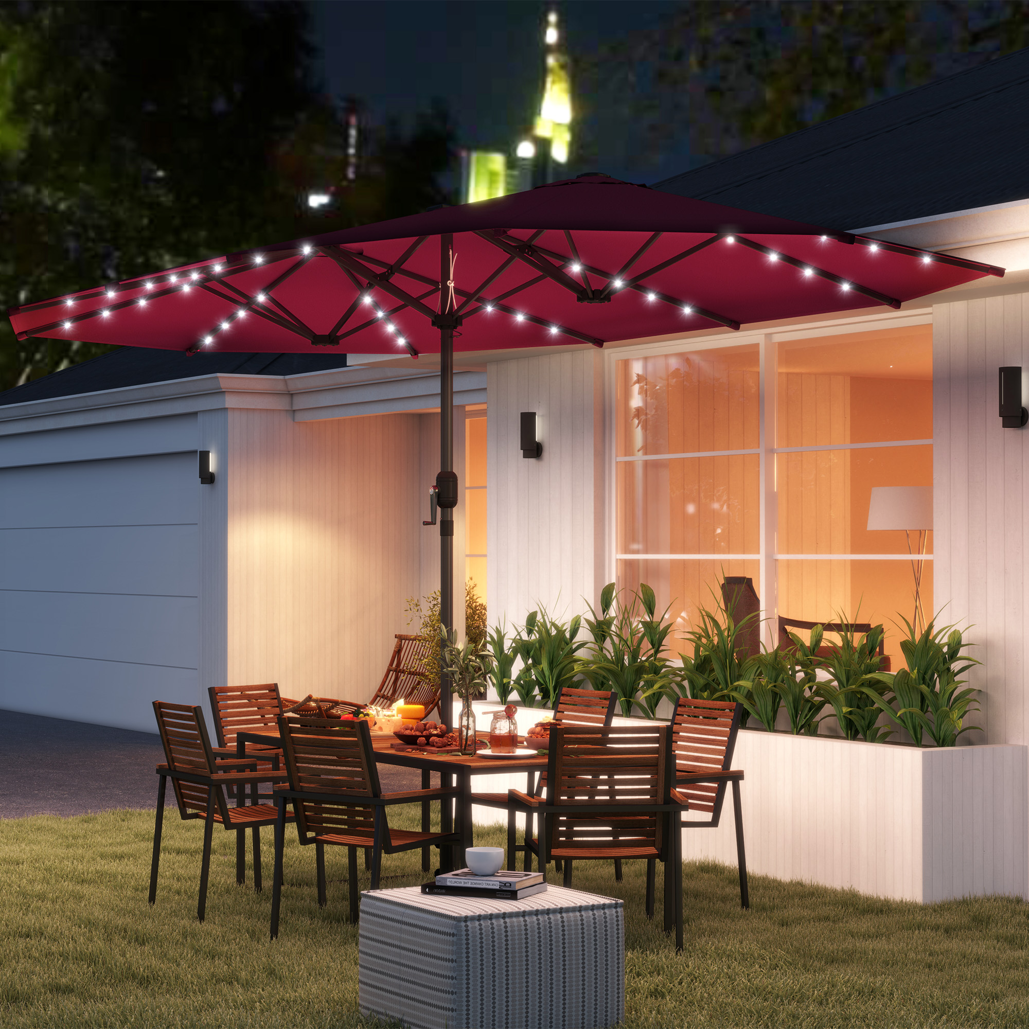 Garden Parasol, Double-Sided Sun Umbrella with LED Solar Lights, Patio Parasol for Outdoor, Wine Red - 2