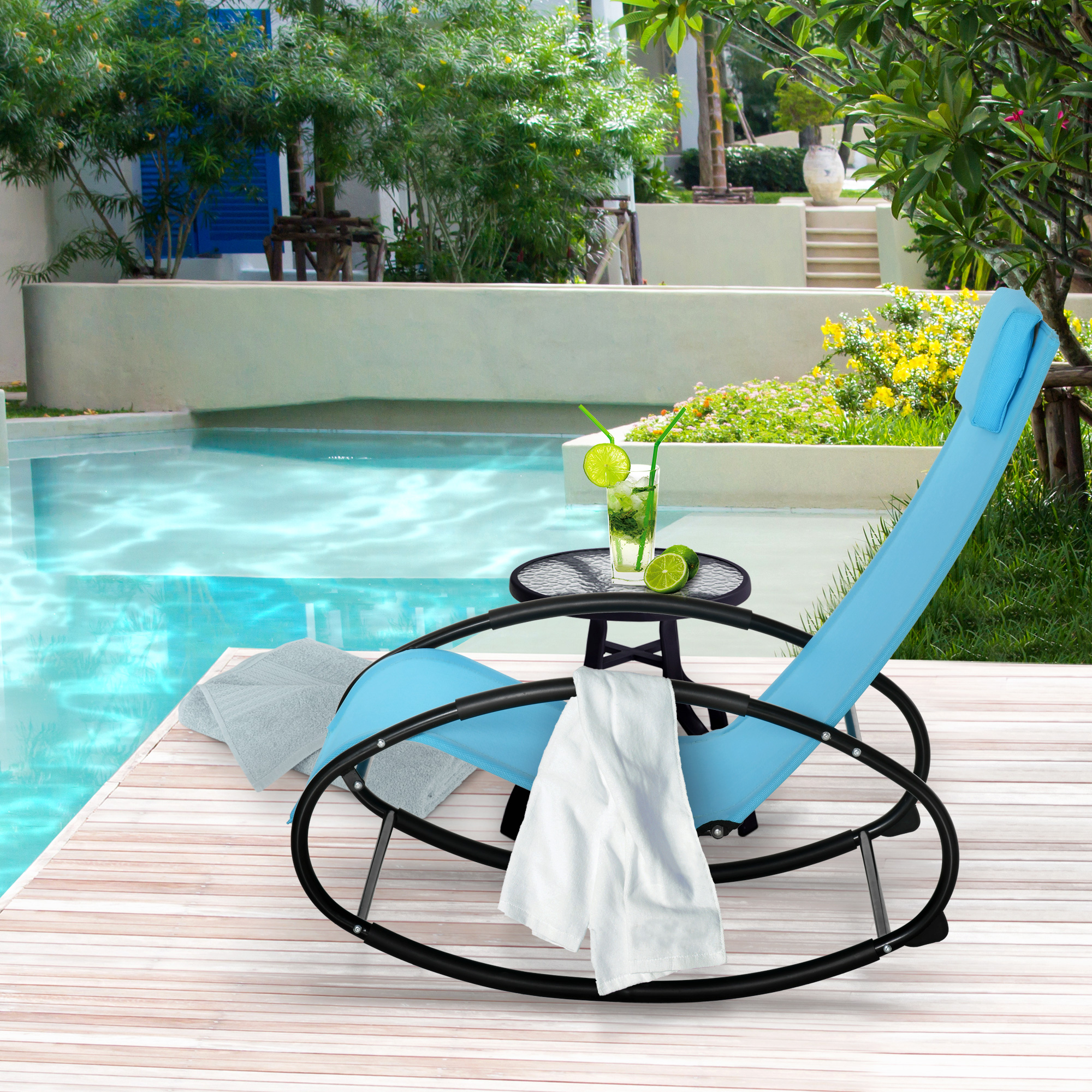 Pool Lounger, Outdoor Rocking Lounge Chair for Sunbathing, Pool, Beach, Porch with Pillow and Cool Mesh, Sun Tanning Rocker, Sky Blue