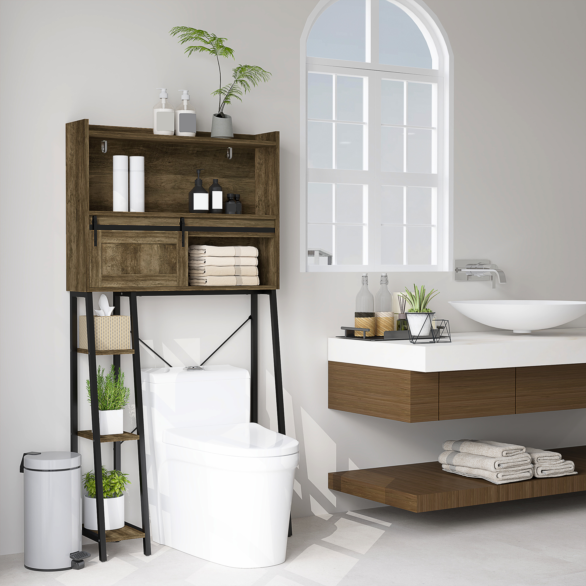  Over the Toilet Storage Cabinet, Over Toilet Bathroom Organizer with 3 Compartments, 4 Open Shelves, Distressed Brown