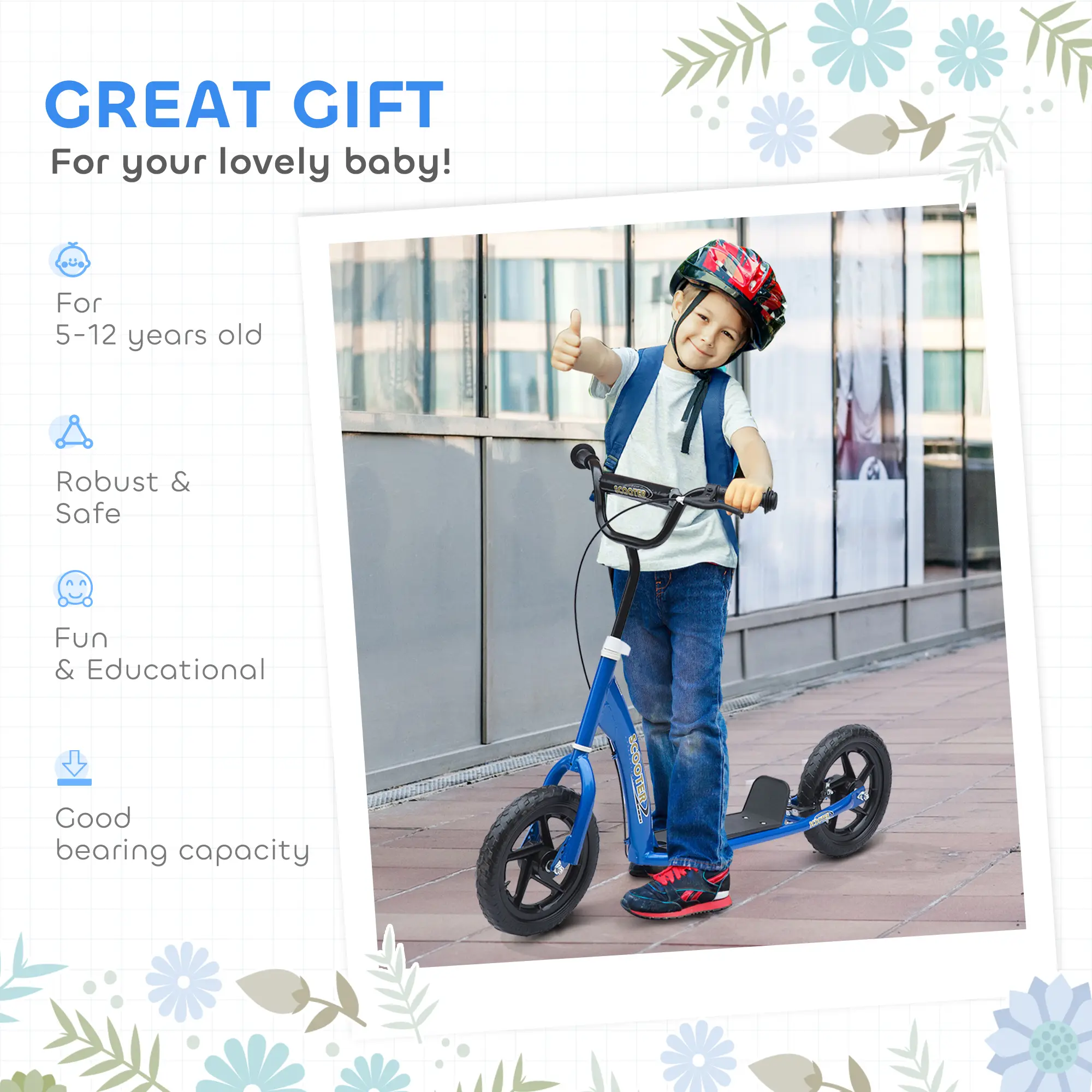 Kick Scooter for Kids 5-12 Years Old with Adjustable Height Handlebar, Non-slip Footplate, Big Wheels, Rear Brake, Blue