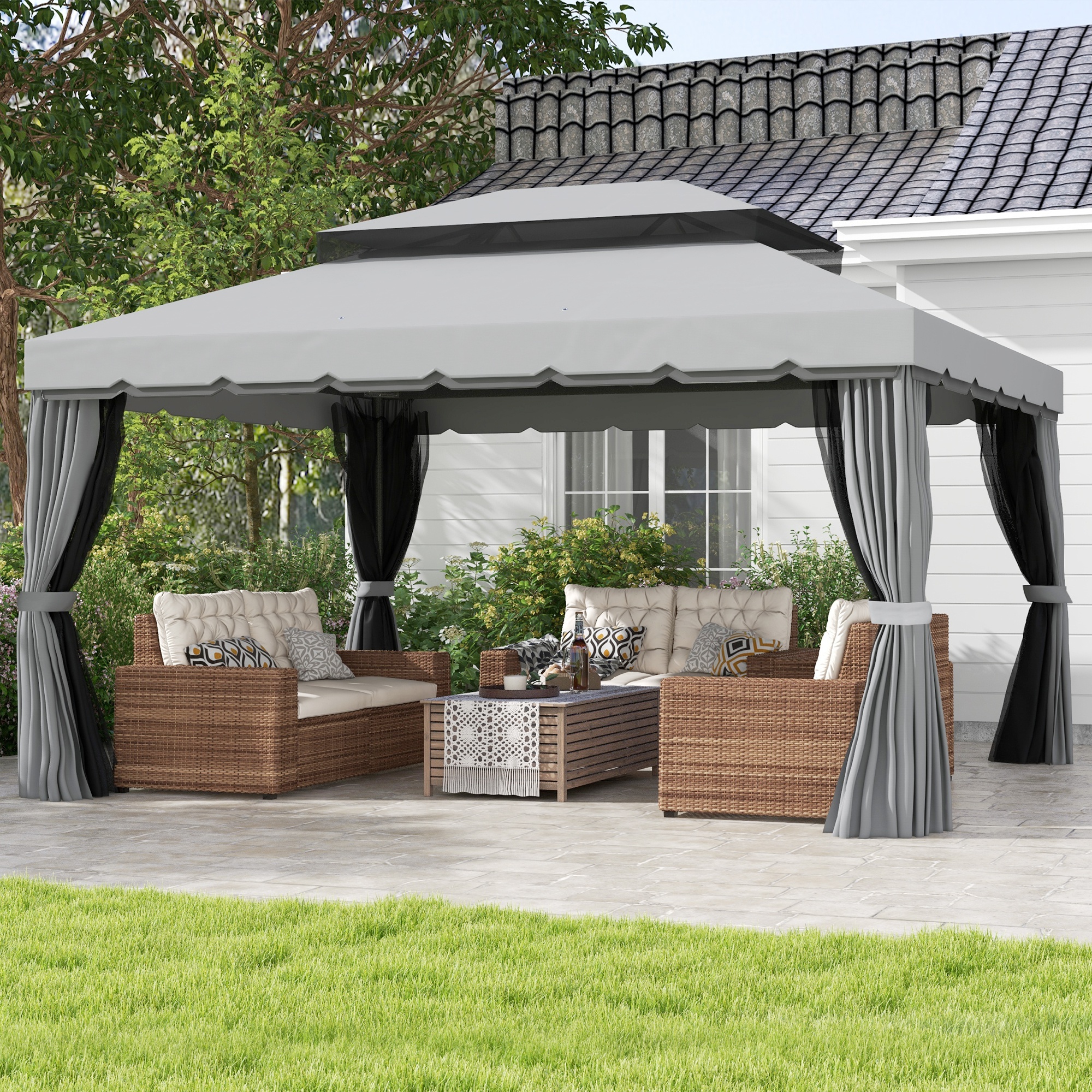 10 x 13 Patio Gazebo w/ Aluminum Frame Double Roof, Outdoor Gazebo Canopy Shelter with Netting & Curtains, Gray
