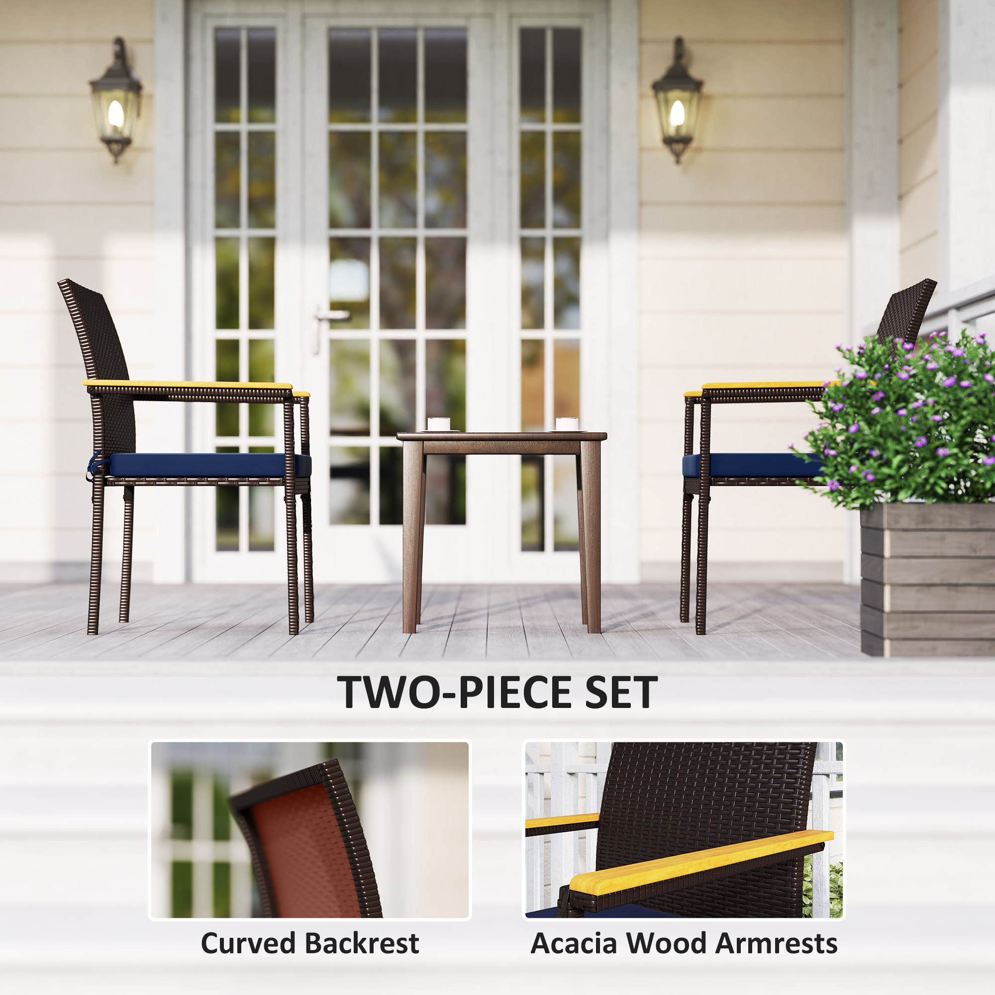 Stackable Patio Wicker Dining Chair Set of 2 with Cushions, Backrest, Armrests for Deck, Garden, Navy Blue