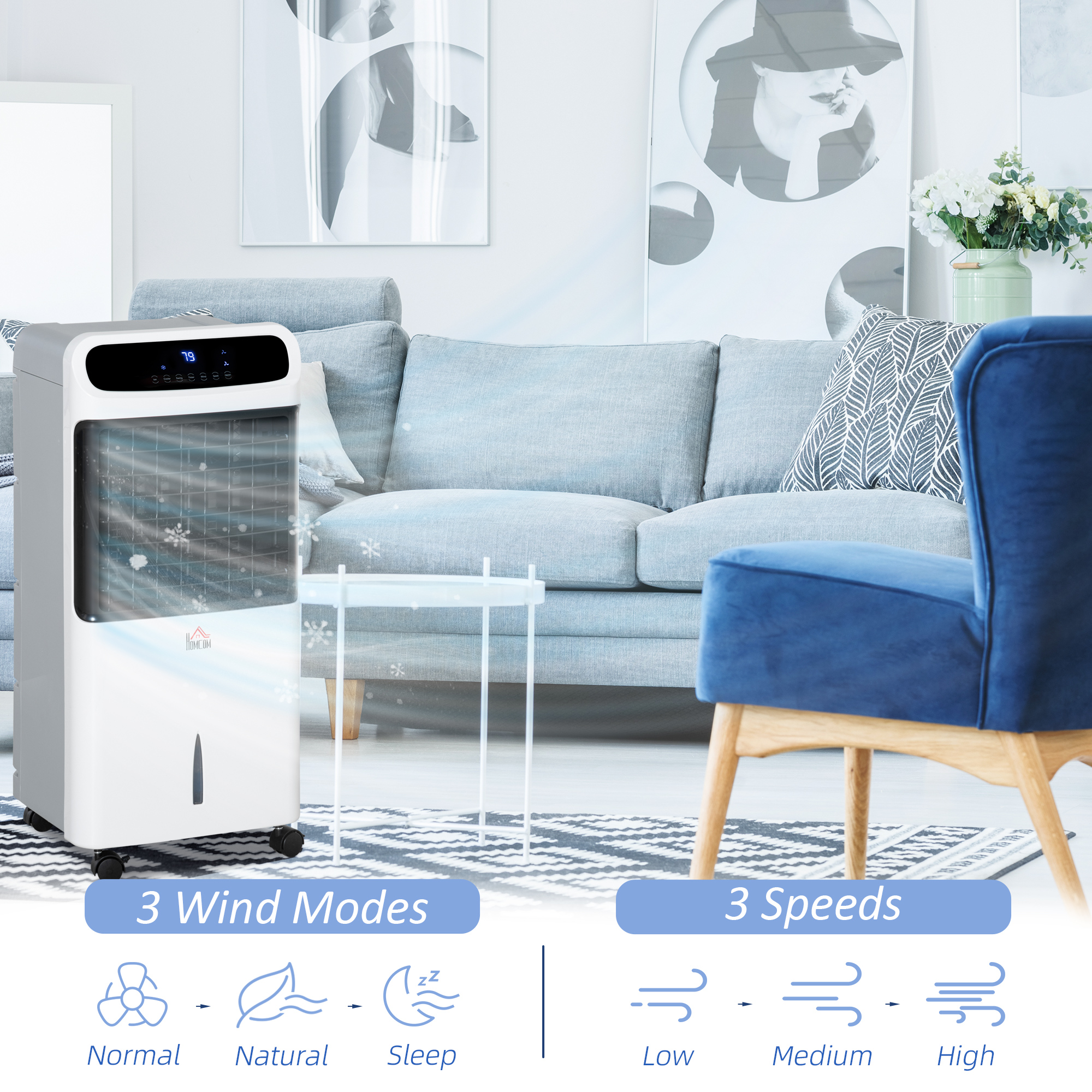  32" Evaporative Air Cooler with 3.2 Gal Water Tank, 60° Oscillating, 3-In-1 Ice Cooling Fan, Portable Swamp Cooler with Humidifier for Home Office, 3 Modes, 3 Speeds, 12H Timer, Remote, Whit