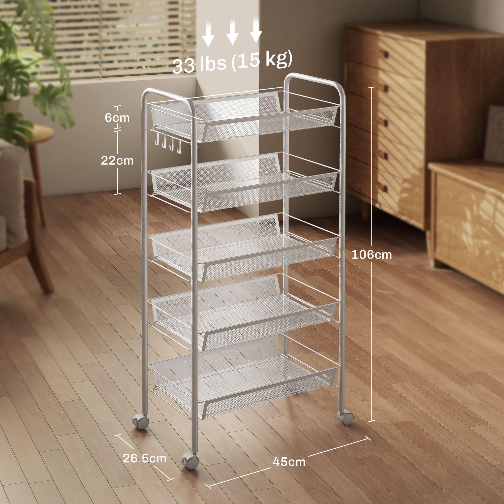 Five-Steel Mesh Basket Storage Trolley, With Wheels - White — image 2