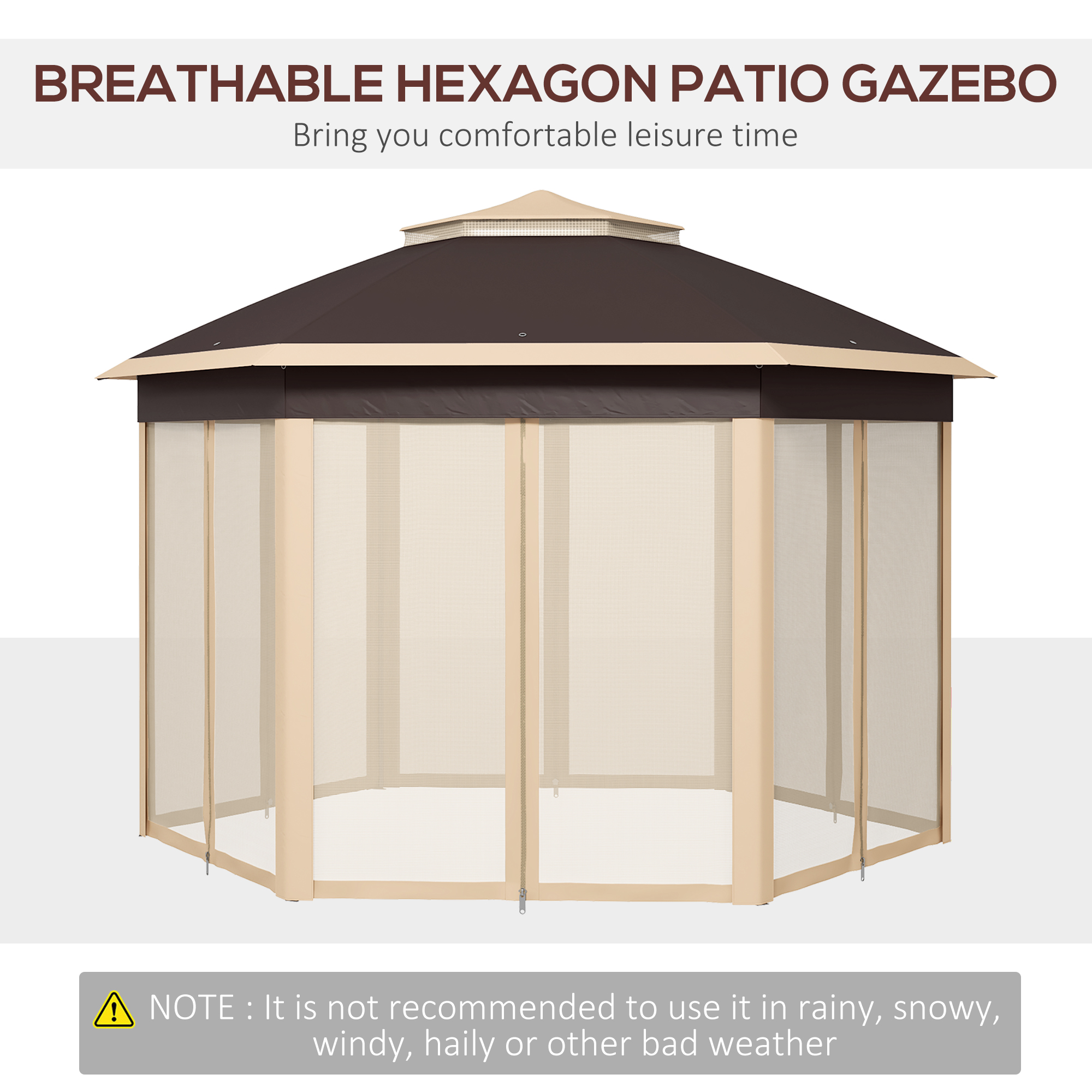 13′ x 13′ Pop Up Gazebo Hexagonal Canopy Shelter with 6 Zippered Mesh Netting for Patio, Backyard, Garden, Wedding, Party, Beige