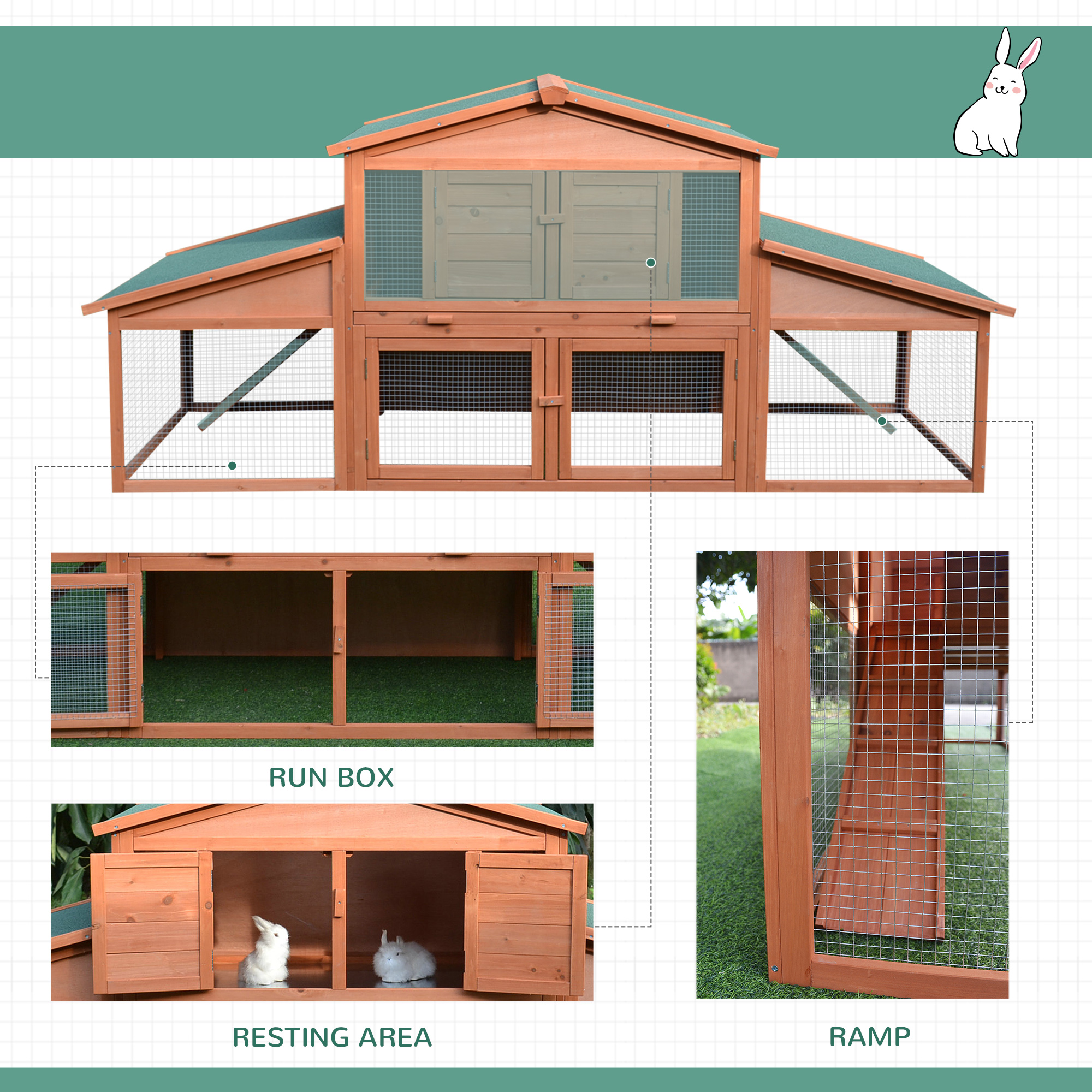  89"L Outdoor Rabbit Hutch, Guinea Pig Cage Indoor Outdoor Wooden Bunny Hutch with Double Runs, Weatherproof Roof, Removable Tray, Ramps, Orange