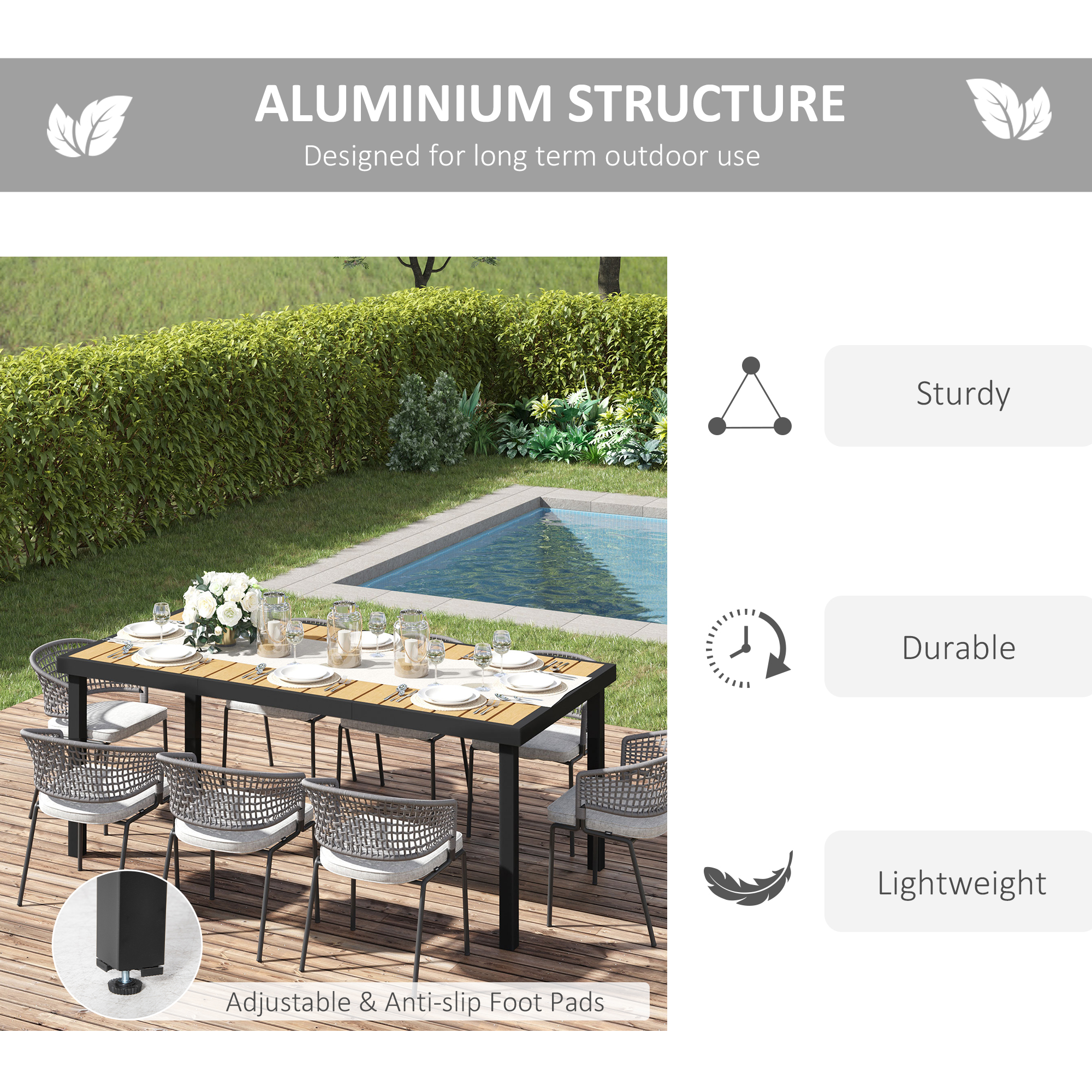 75″ x 35″ Outdoor Dining Table for 8 People, Rectangular Aluminum Frame Garden Table with All-Weather Faux Wood Top for Garden, Lawn, Patio, Natural