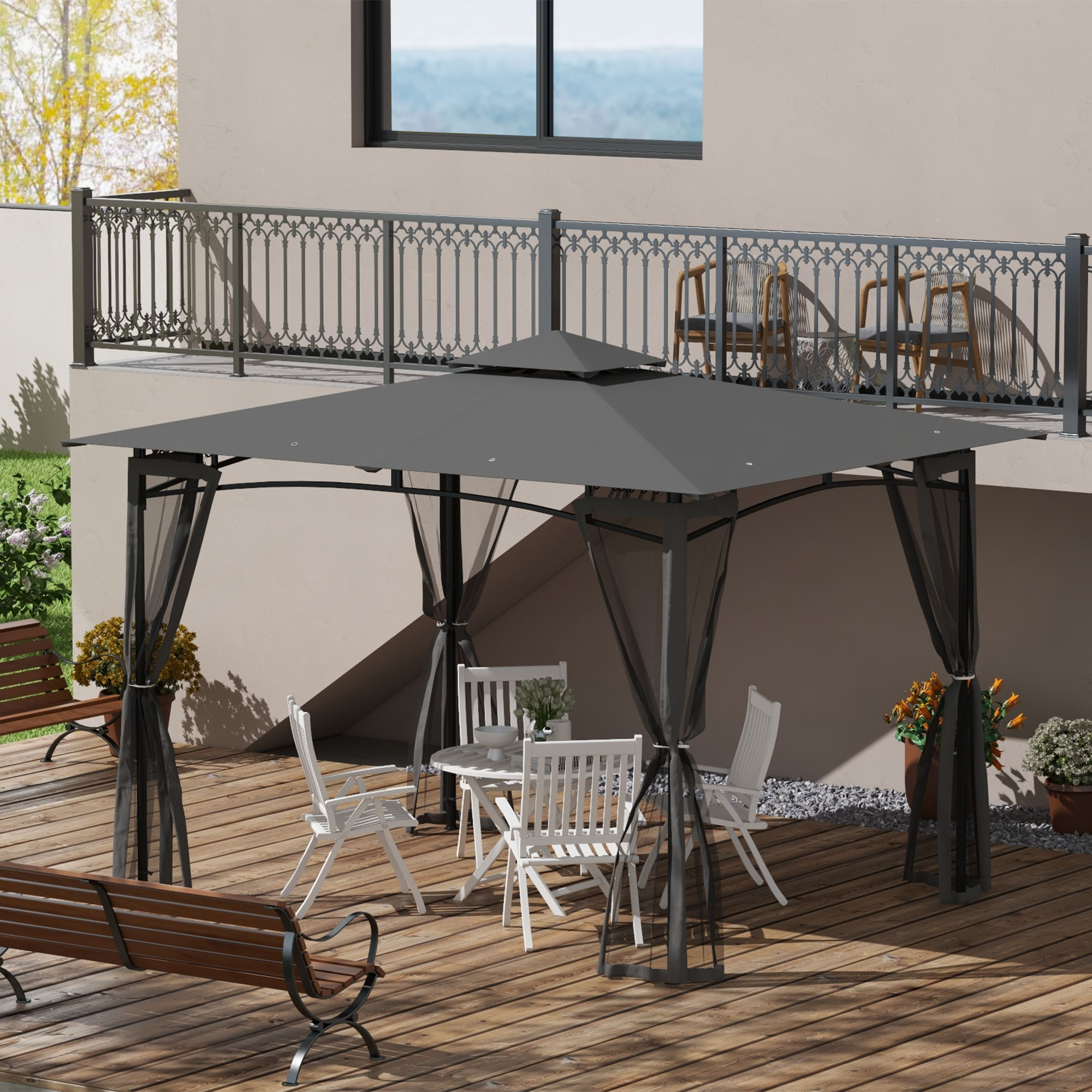 10 x 12 Outdoor Gazebo with Nettings, 2 Tier Patio Gazebo Canopy for Garden, Backyard, Deck, Dark Gray