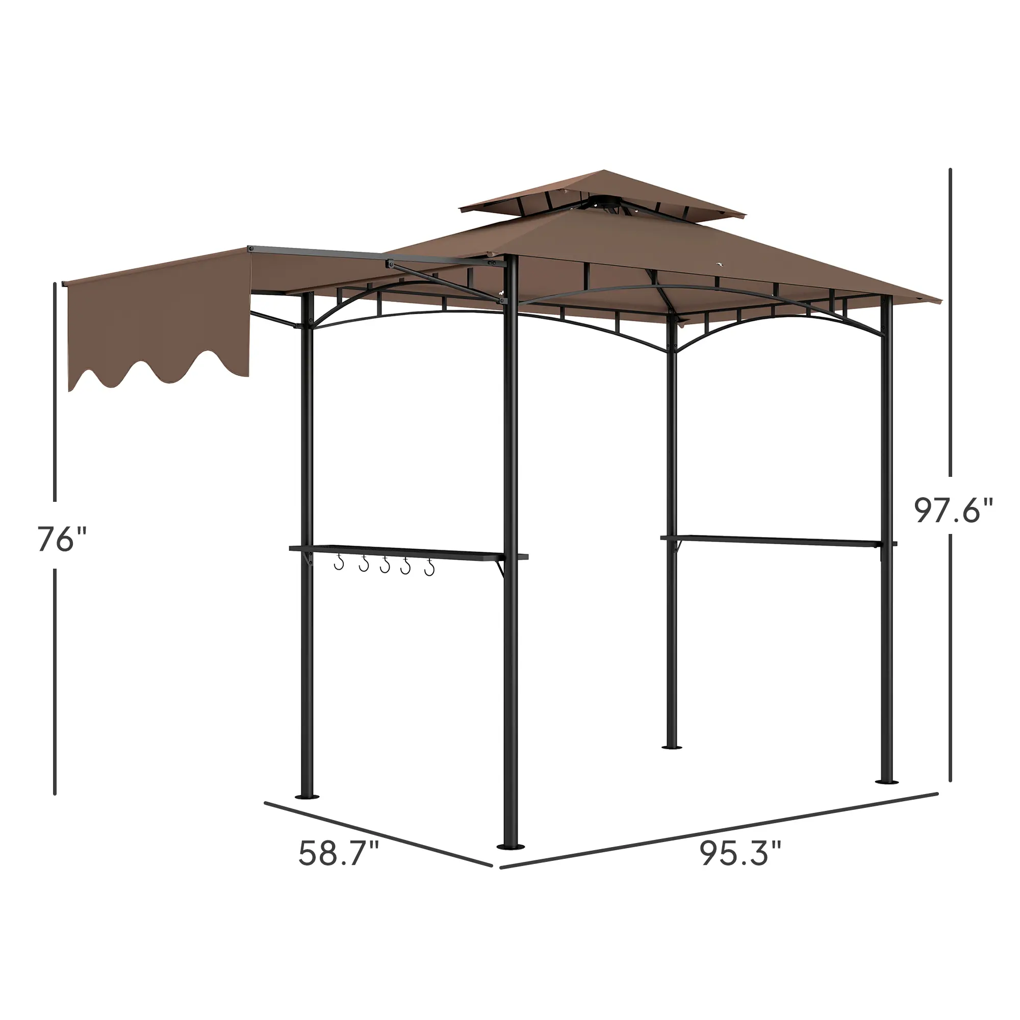 8 x 5 Outdoor Grill Gazebo, Barbecue Gazebo Shelter with Side Awning, 2 Side Shelves and 6 Hooks, Brown