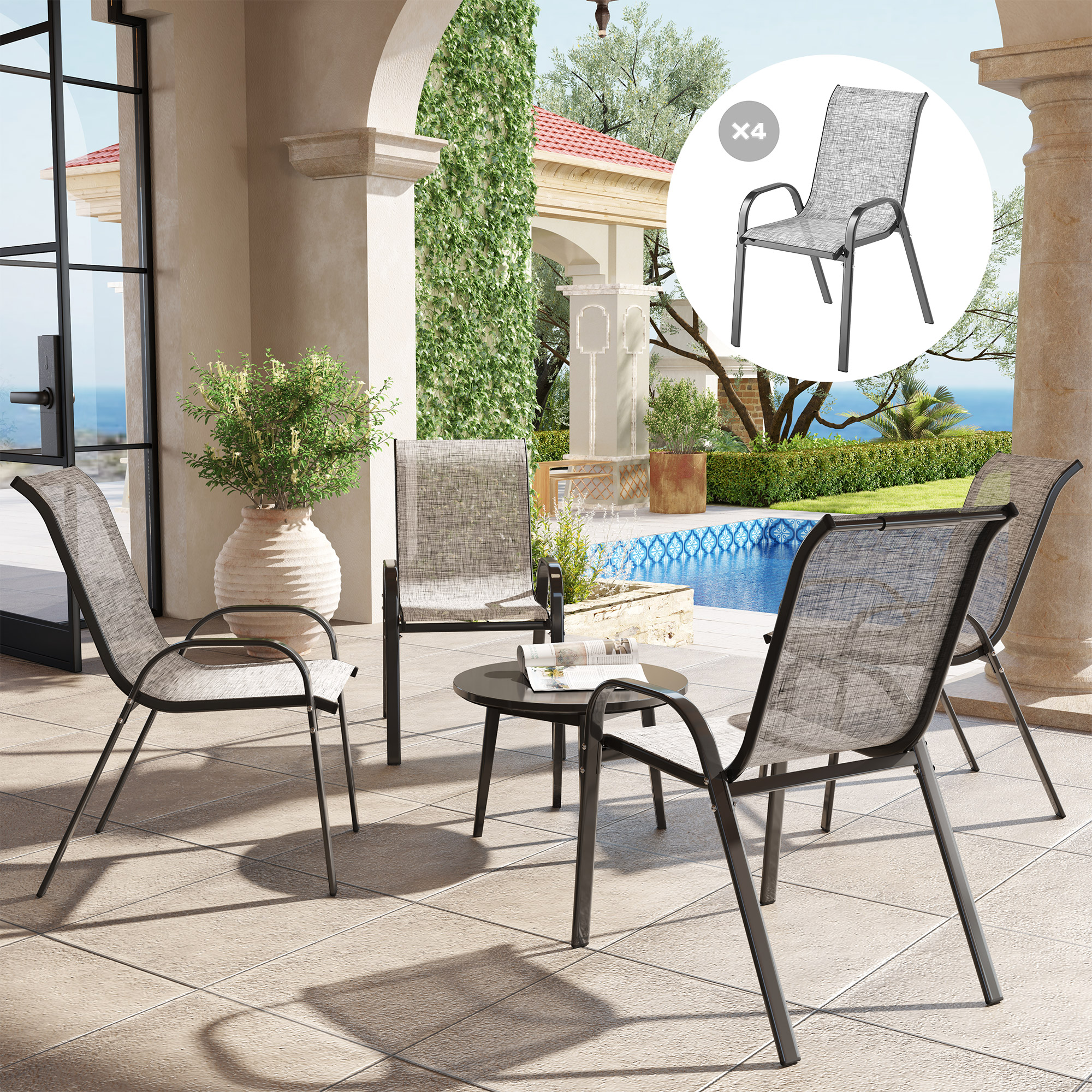 Set of 4 Outdoor Dining Chairs, Stackable Patio Chairs with High Back, Breathable Mesh Seat for Garden Lawn, Mixed Gray