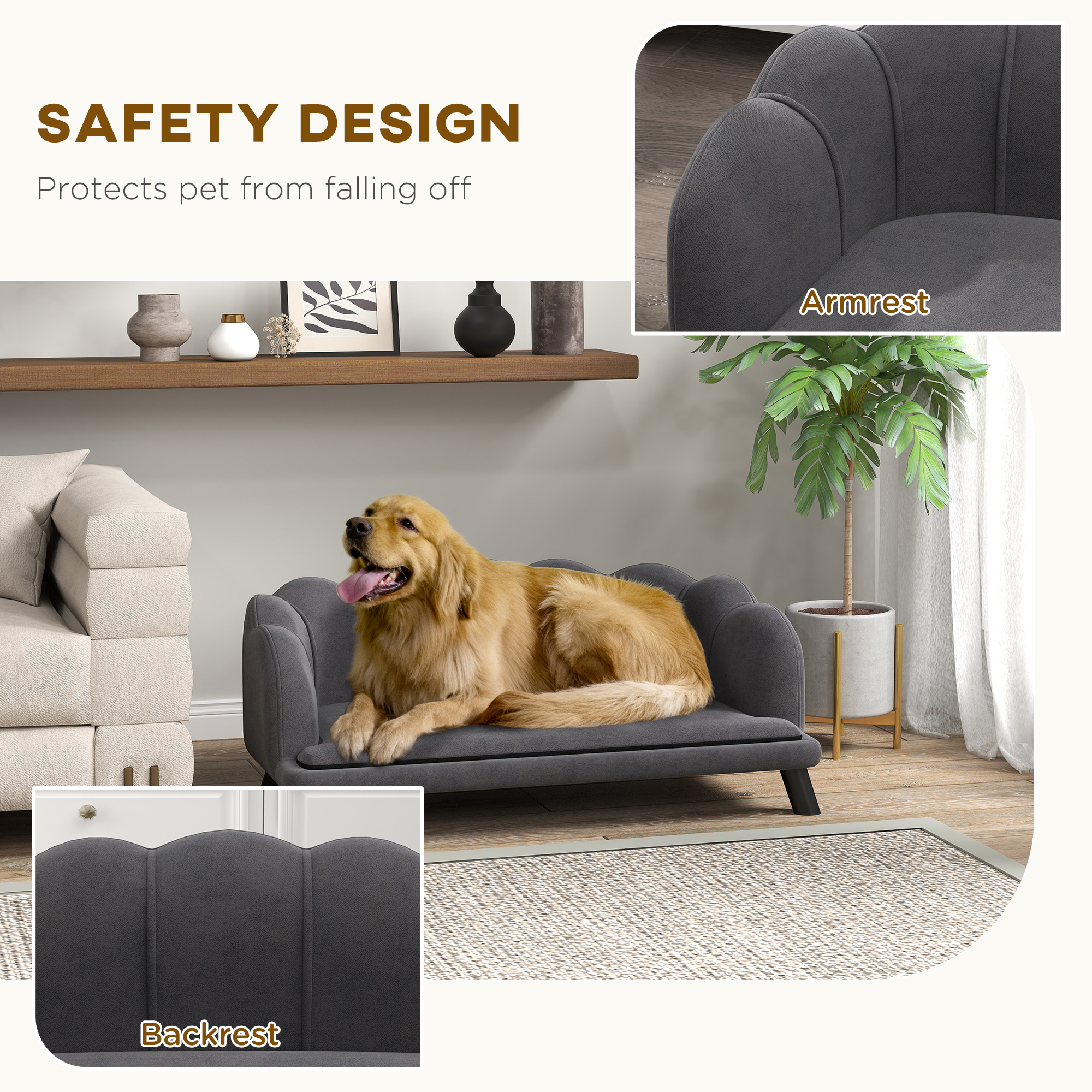  Pearl Design Pet Sofa for Medium and Large Sized Dogs, Pet Bed with Cushion and Solid Wood Legs, Charcoal Gray