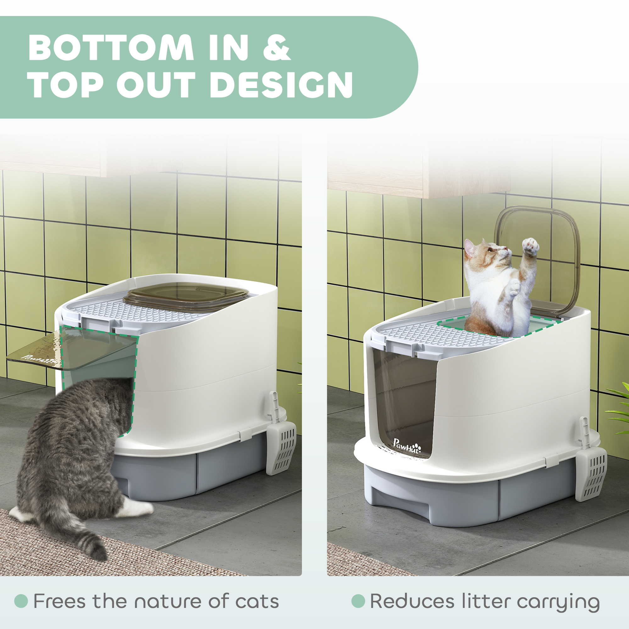  Covered Cat Litter Box with Lid, Drawer, Scoop, Top Entry, Deodorizing Bags, Odor Control, Easy to Clean, Gray