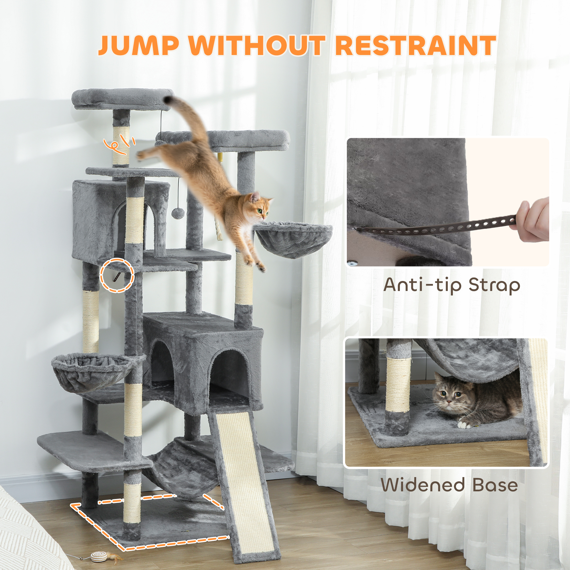  69" Cat Tree, Multi-Level Cat Tower with 2 Condos and 3 Hammocks, 8 Scratching Posts, for Multiple Cats, Dark Gray