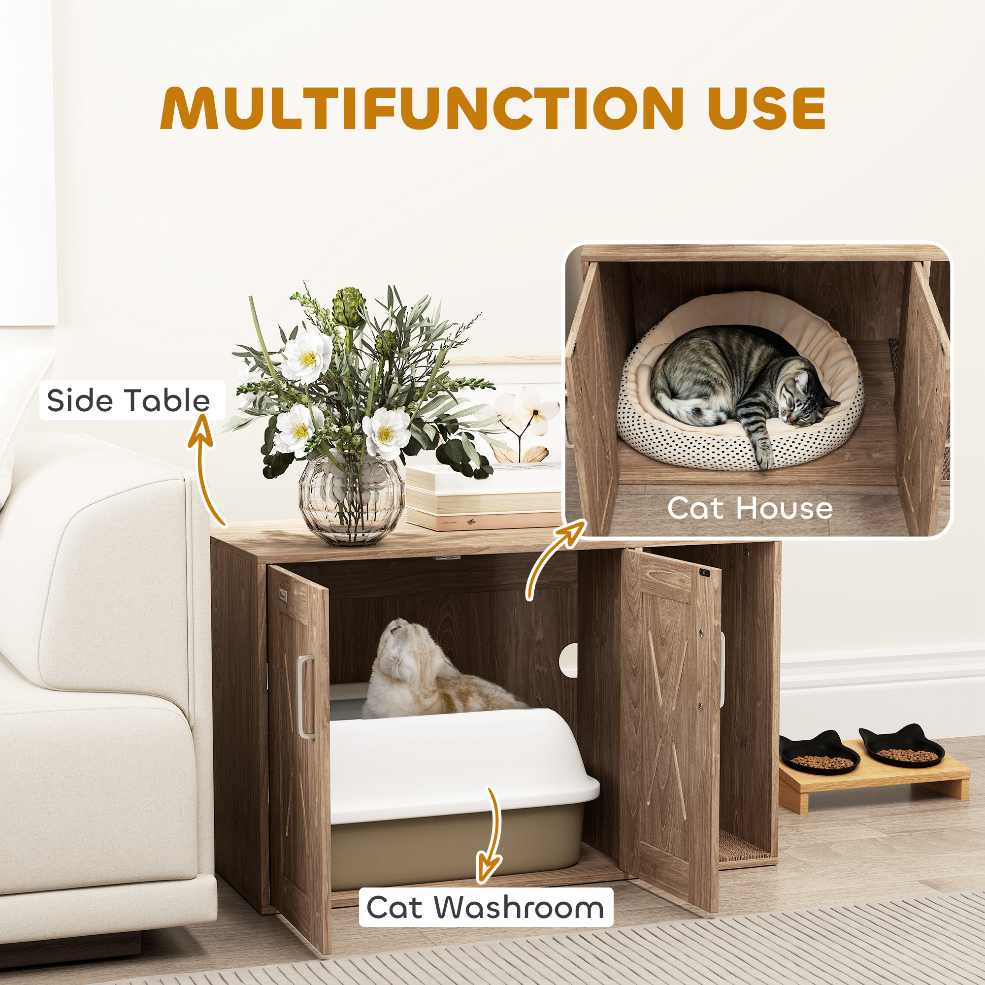 Cat Litter Box Enclosure with Scratching Board, Cat Washroom End Side Table, 31.5" x 19" x 20", Walnut Brown