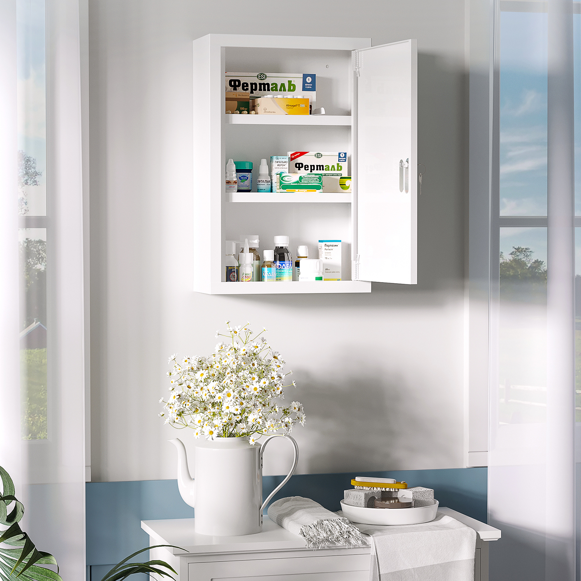  12" x 18" Lockable Medicine Cabinet, 3 Tier Steel Medical Wall Box with 2 Keys and Shelves for Bathroom, White