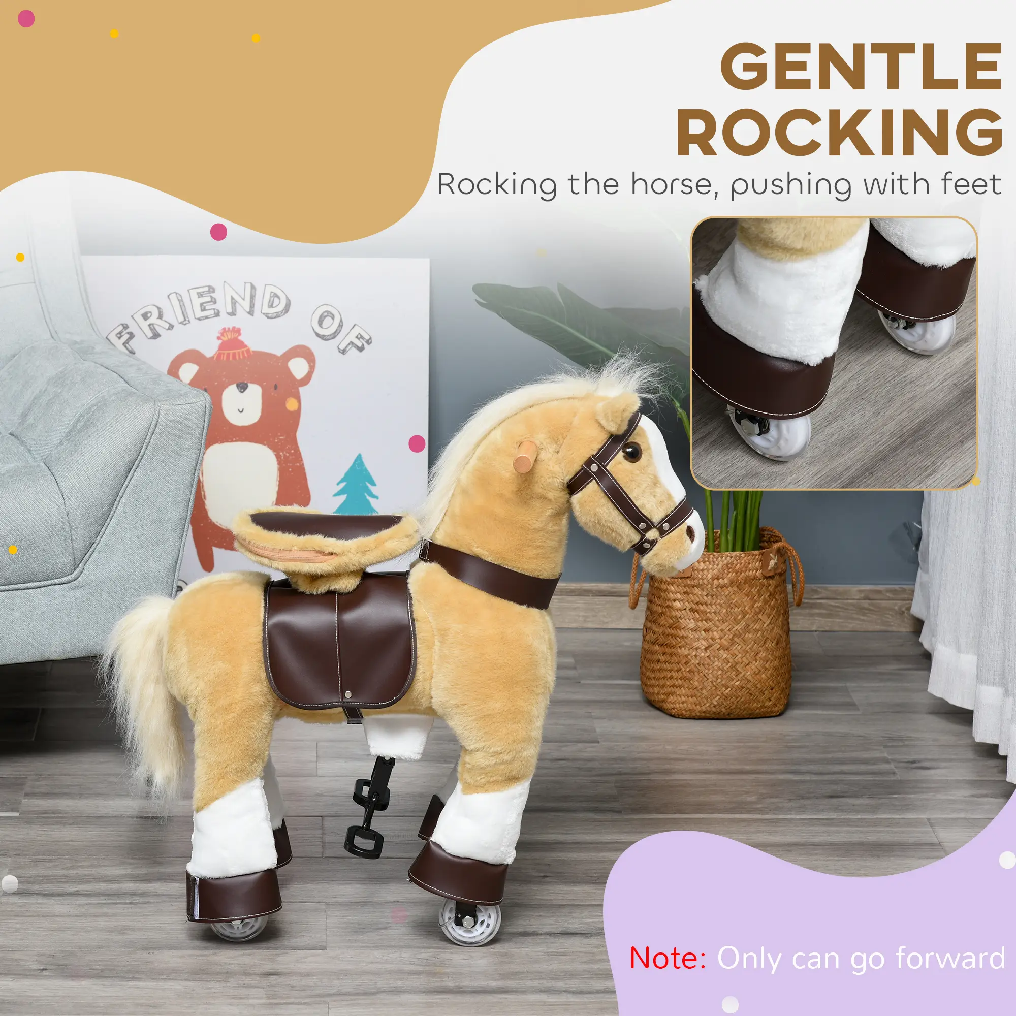 Ride on Horse, Plush Walking Horse Toy, Kids Riding Chair with Wheels for Kids 3-8 Years, Light Brown