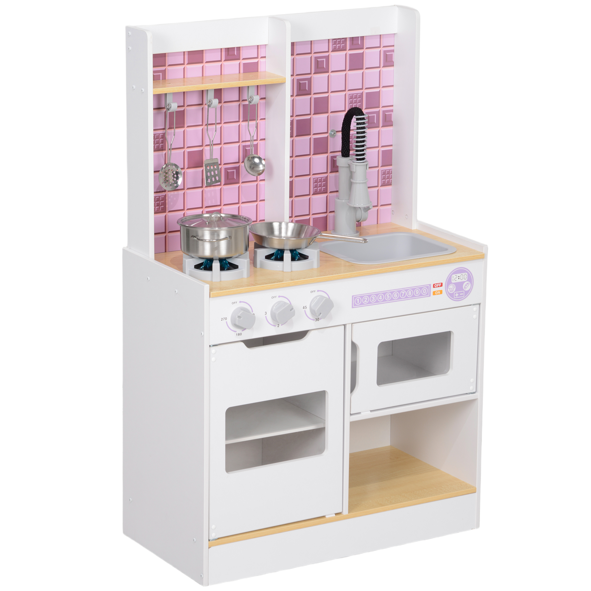 White MDF kids play kitchen with stove, sink and five stainless steel accessories