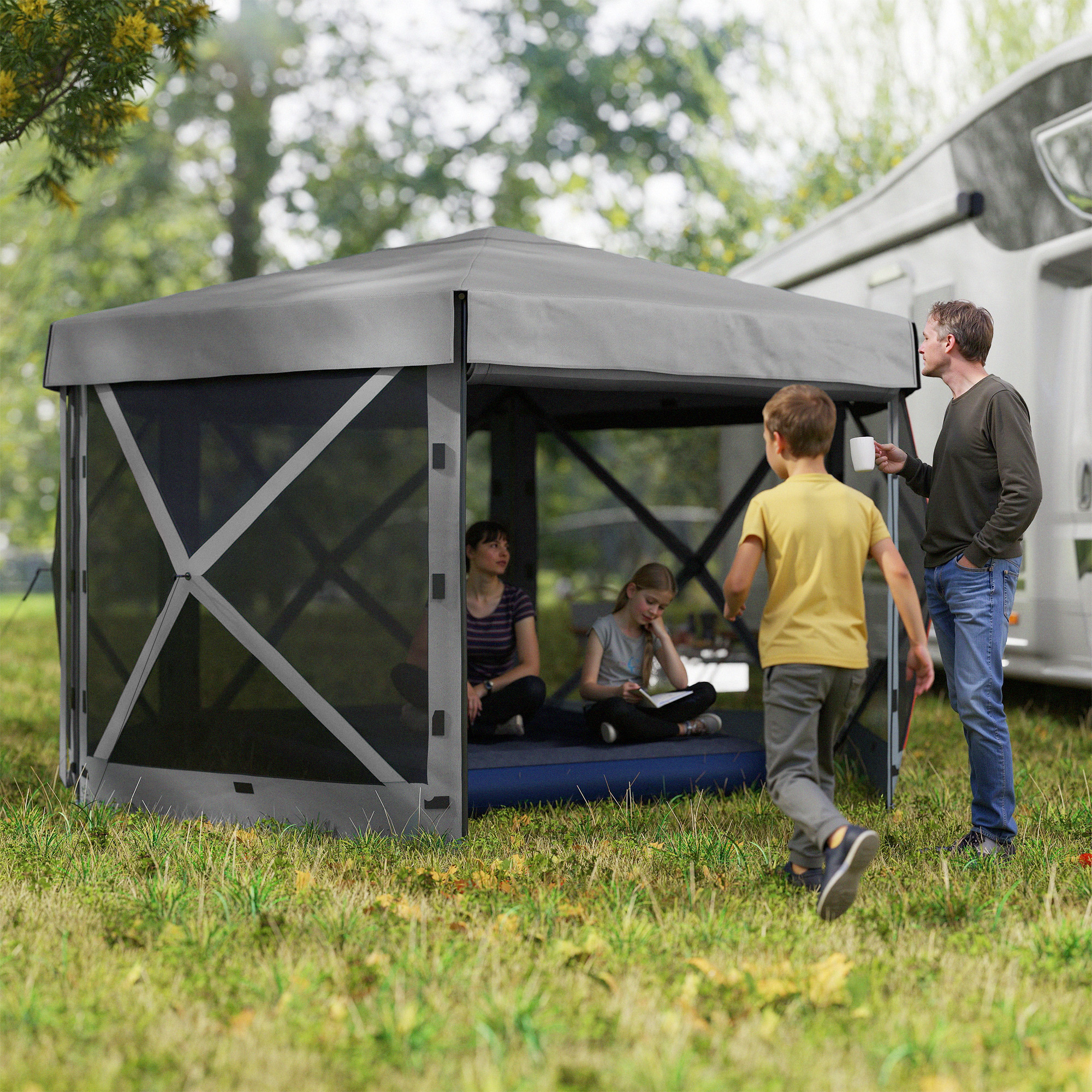 12 x 12 Hexagonal Pop Up Gazebo Canopy Tent with 5 Sidewalls, Outdoor Canopy Shelter with Carry Bag, Dark Gray