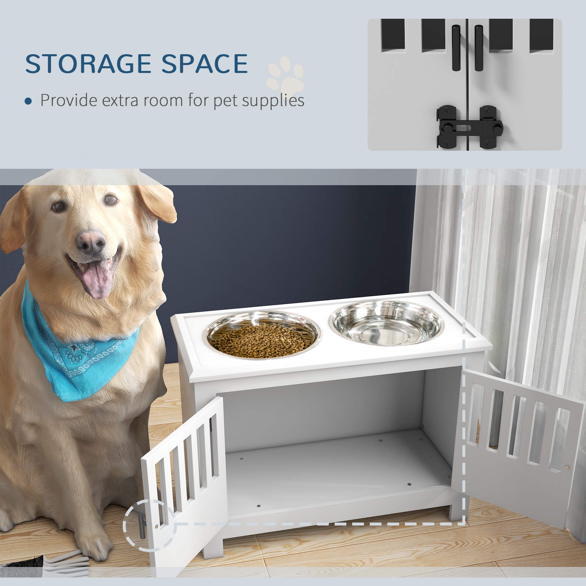  Dog Food Storage Cabinet with Bowls & Dog Feeding Station, White