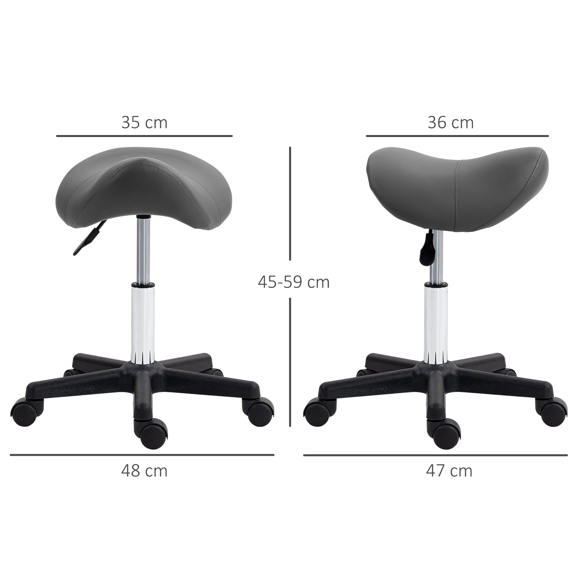Saddle Stool, PU Leather Adjustable Rolling Salon Chair With Steel Frame For Massage, Spa, Beauty And Tattoo, Grey