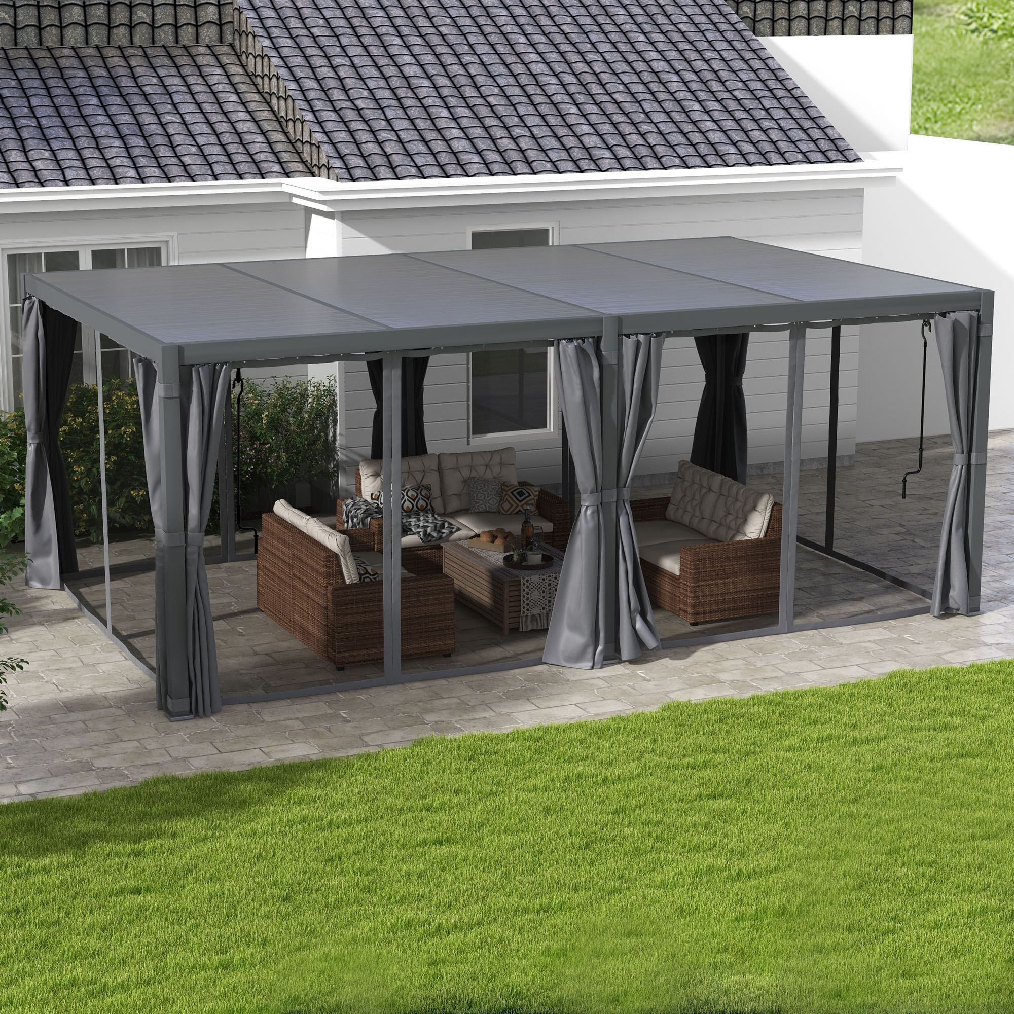 12′ x 19′ Aluminum Pergola with Adjustable Louvered, Outdoor Pergola with Curtains and Netting, Dark Gray