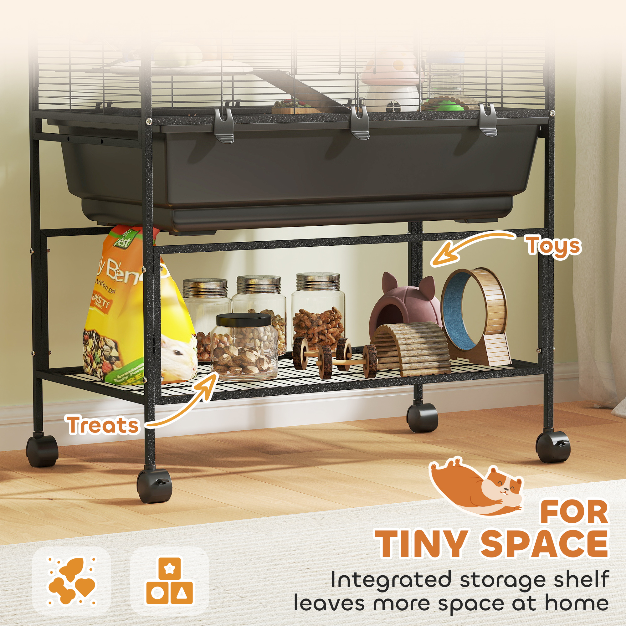  3 Tier Hamster Cage, Rolling Rat Cage with Deep Tray, Storage Shelf, Big Exercise Wheel, Hut, Tube System