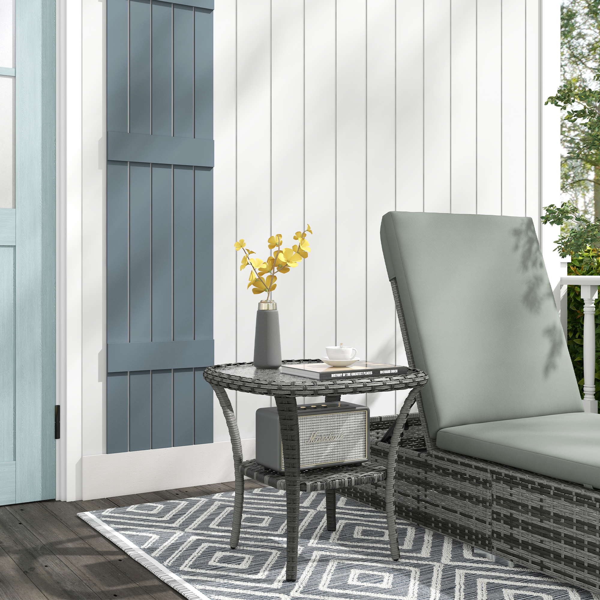 Outdoor Coffee Table with Storage Shelf, Hand-Woven Wicker Side Table with Water-Ripple Glass Top, Mix Gray