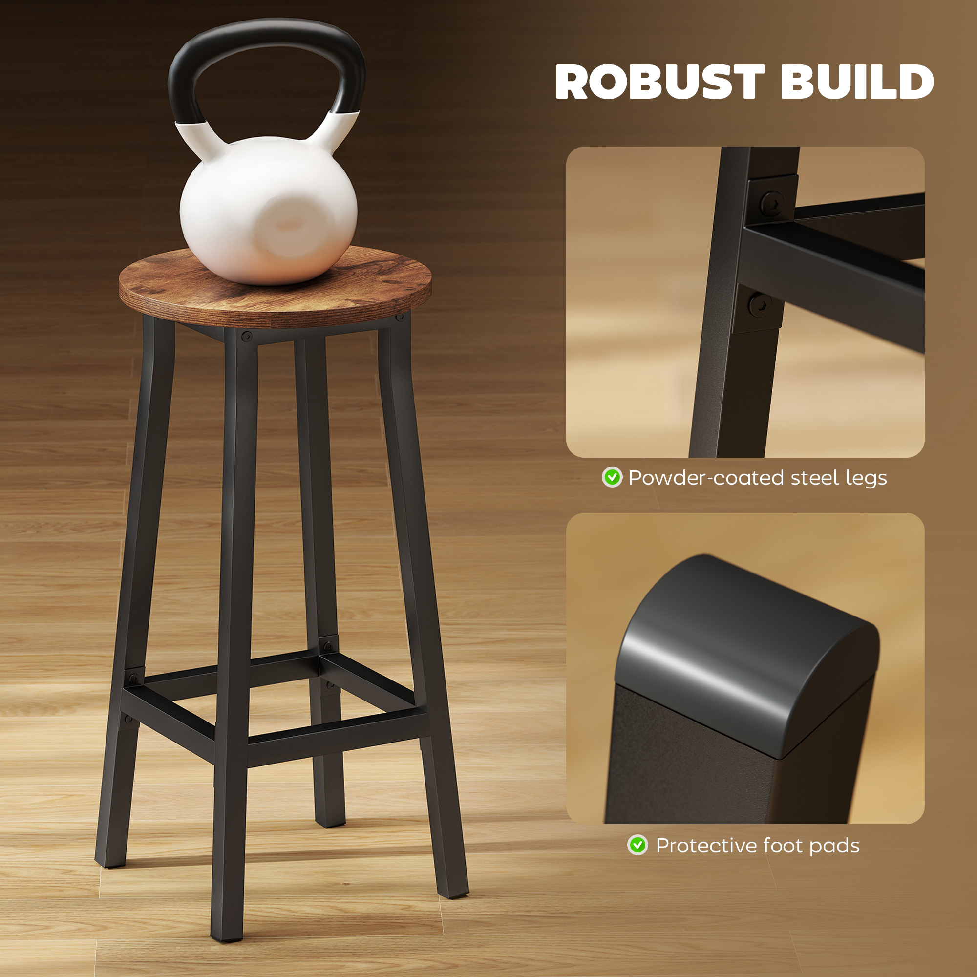 Bar Stools Set Of 2 Breakfast With Footrest, Industrial Round, 32 X 32 X 65 Cm — image 2